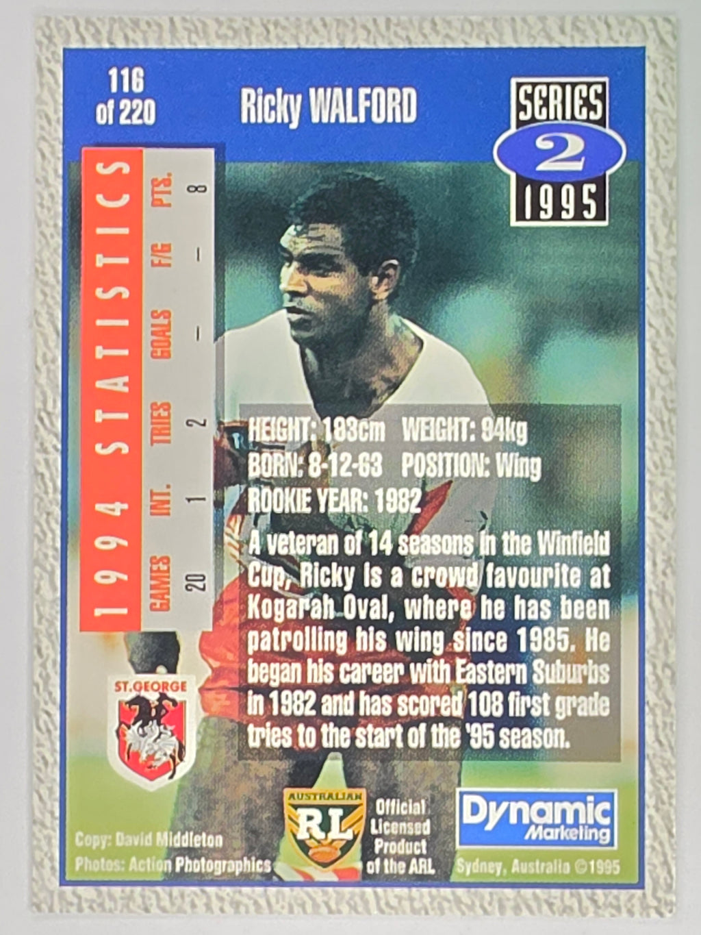 NRL 1995 Dynamic Series 2 | Base Card #116 | Ricky Walford | St George Dragons