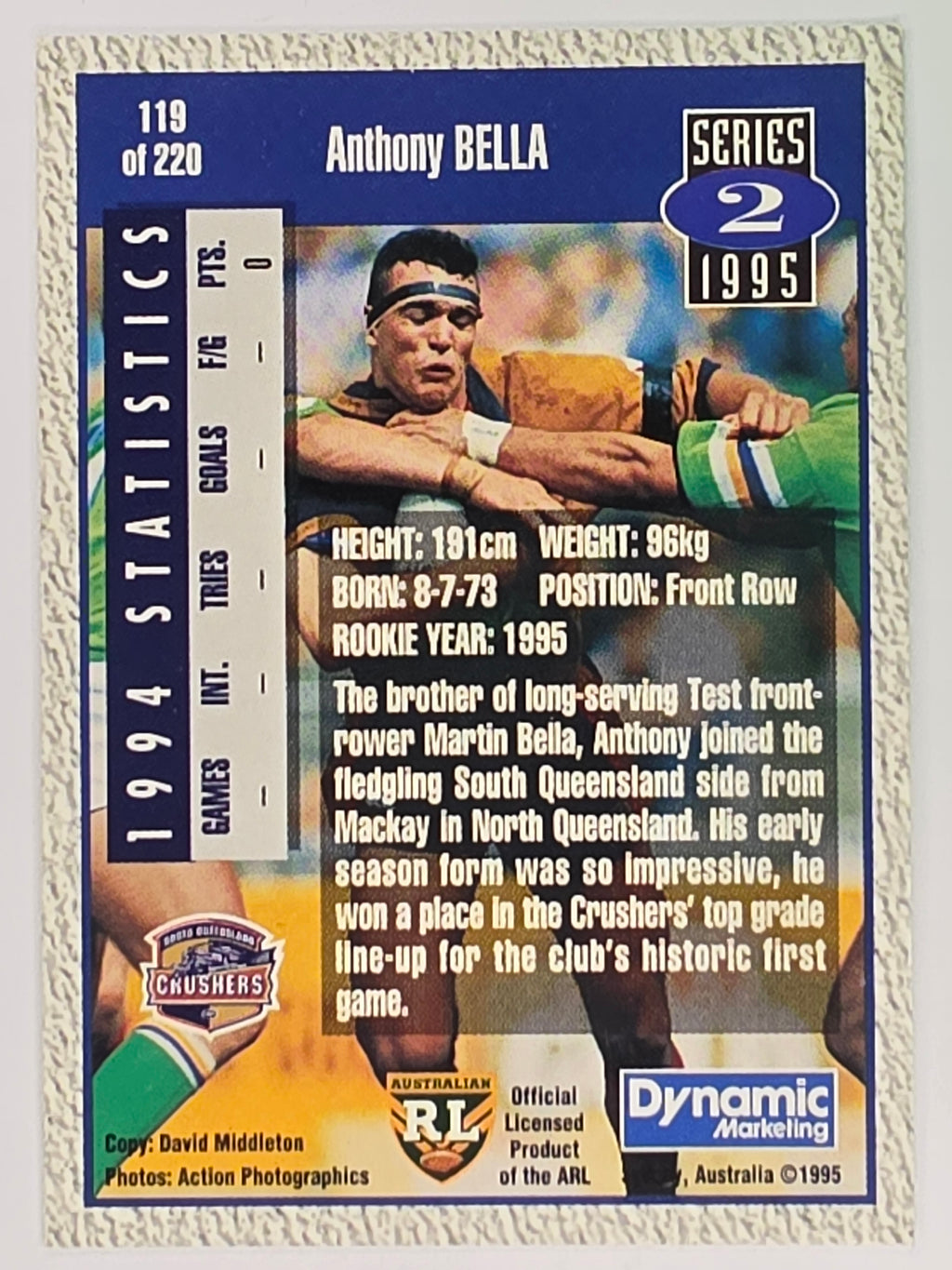 NRL 1995 Dynamic Series 2 | Base Card #119 | Anthony Bella | South Queensland Crushers