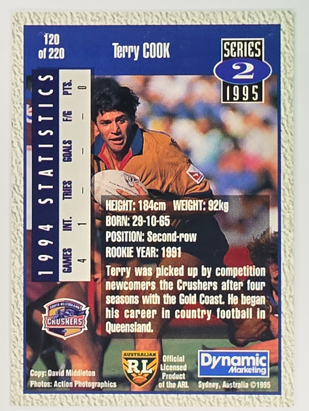 NRL 1995 Dynamic Series 2 | Base Card #120 | Terry Cook | South Queensland Crushers