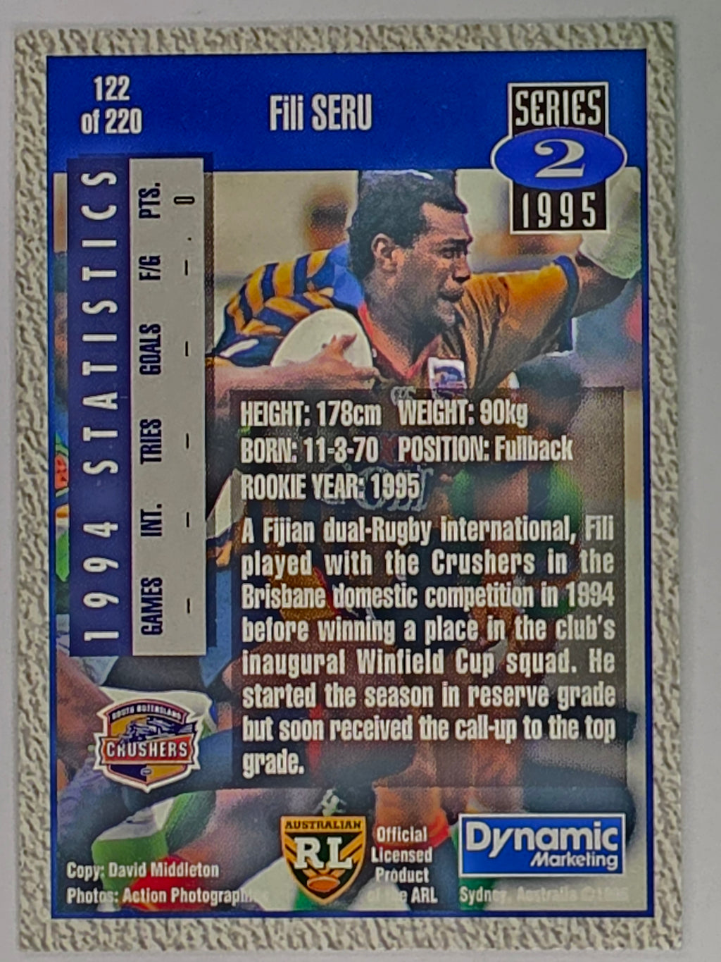 NRL 1995 Dynamic Series 2 | Base Card #122 | Fili Seru | South Queensland Crushers
