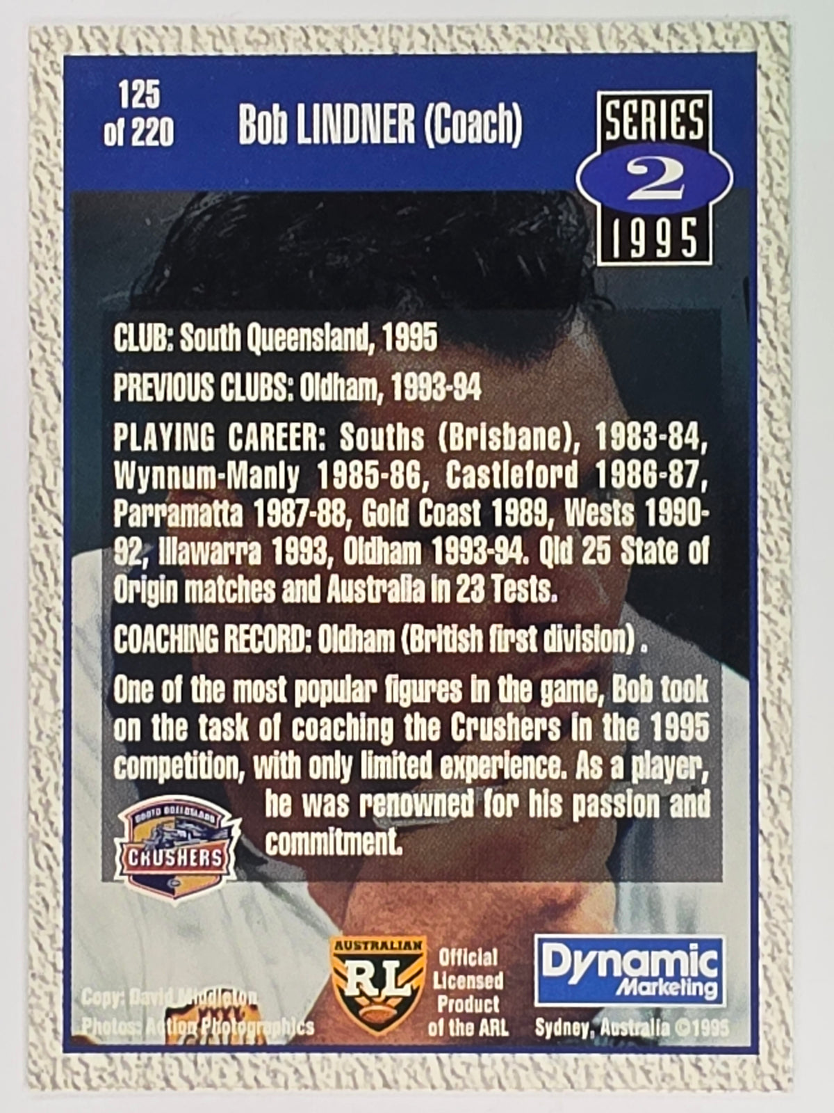 NRL 1995 Dynamic Series 2 | Base Card #125 | Bob Linder | South Queensland Crushers