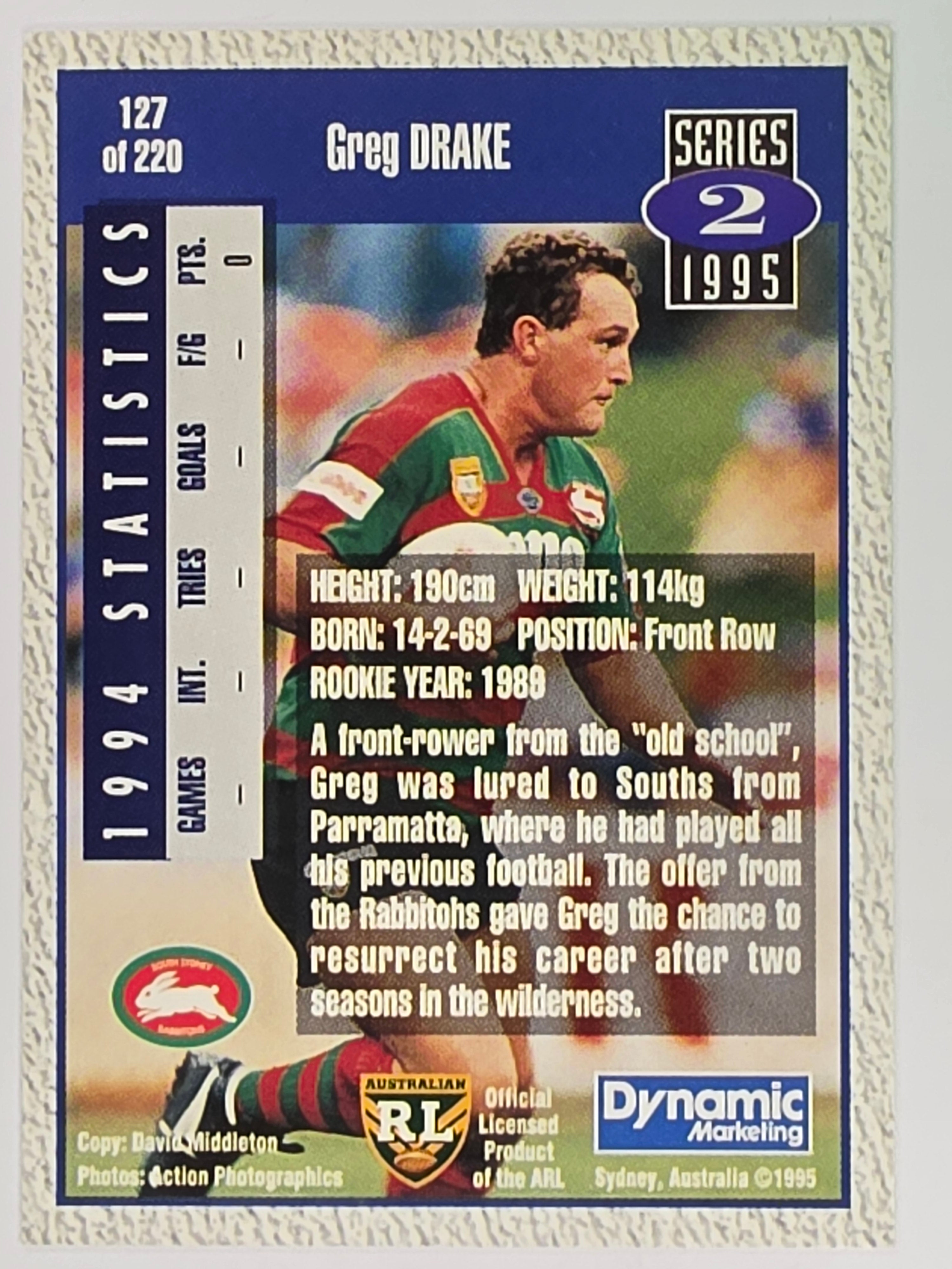 NRL 1995 Dynamic Series 2 | Base Card #127 | Greg Drake | South Sydney Rabbitohs
