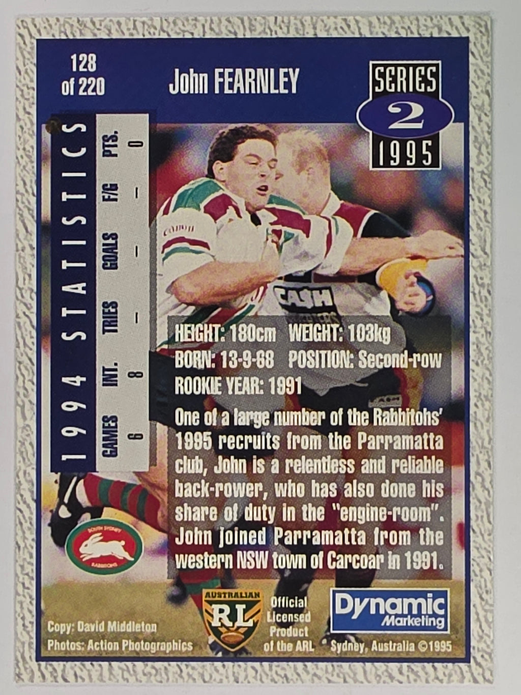 NRL 1995 Dynamic Series 2 | Base Card #128 | John Fearnley | South Sydney Rabbitohs
