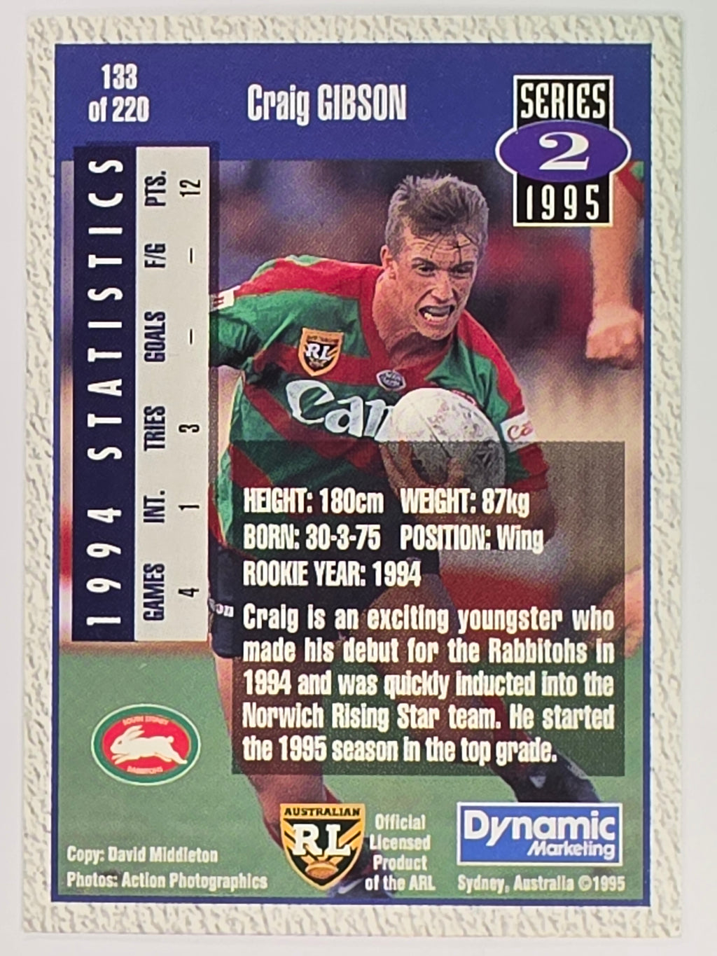 NRL 1995 Dynamic Series 2 | Base Card #133 | Craig Gibson | South Sydney Rabbitohs
