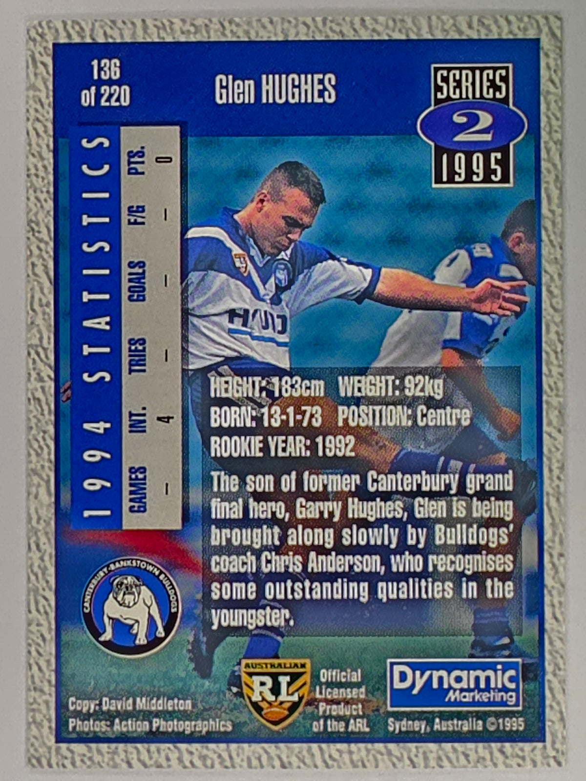 NRL 1995 Dynamic Series 2 | Base Card #136 | Glen Hughes | Sydney Bulldogs