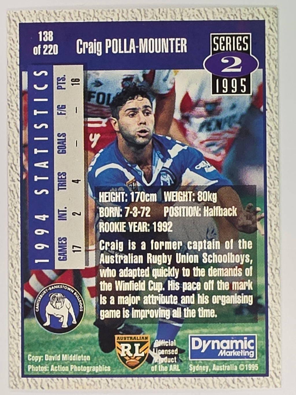 NRL 1995 Dynamic Series 2 | Base Card #138 | Craig Polla-Mounter | Sydney Bulldogs