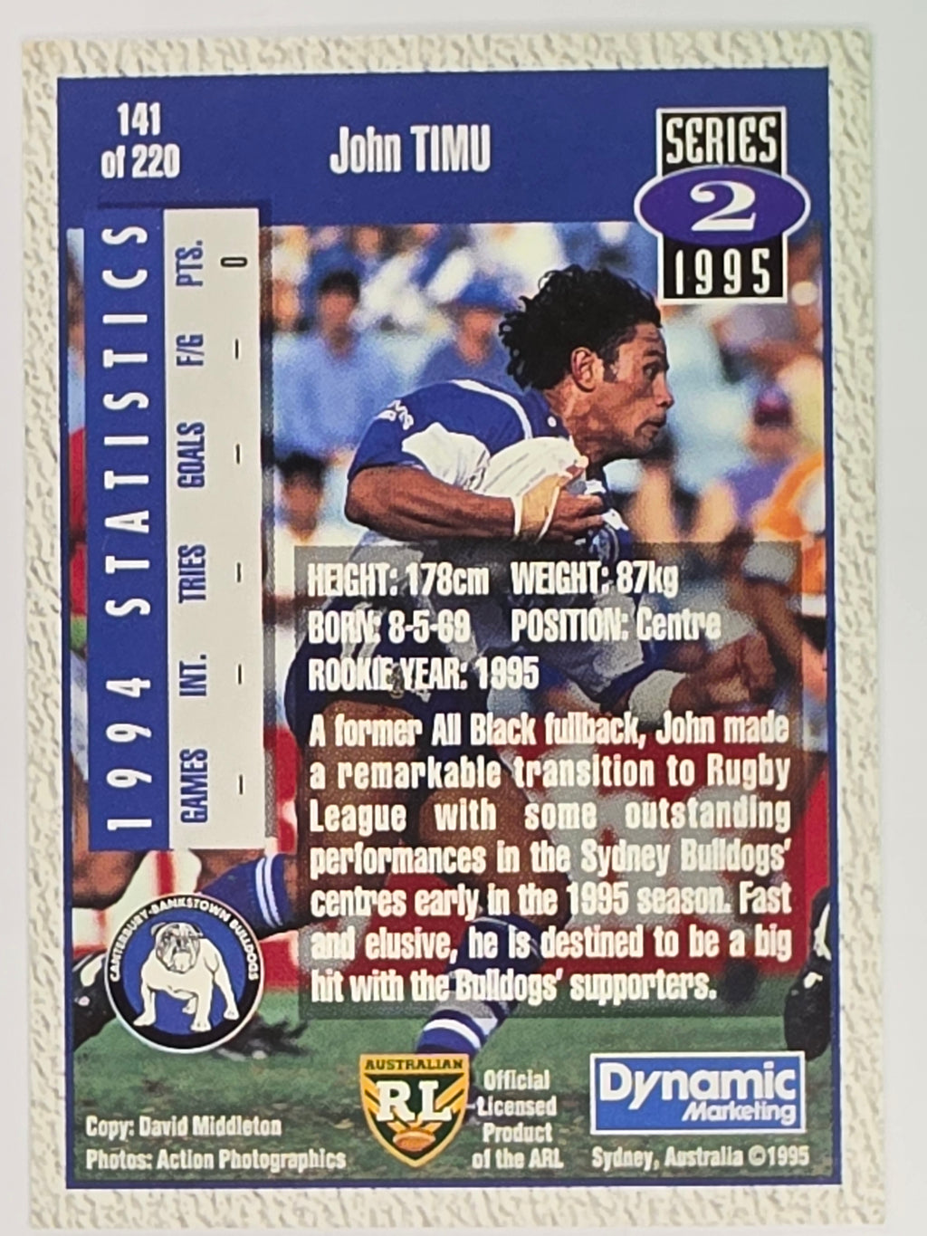 NRL 1995 Dynamic Series 2 | Base Card #141 | John Timu | Sydney Bulldogs