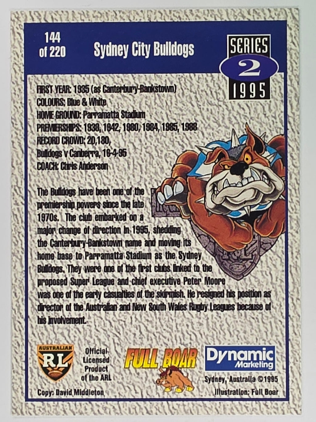 NRL 1995 Dynamic Series 2 | Base Card #144 | Sydney Bulldogs Logo