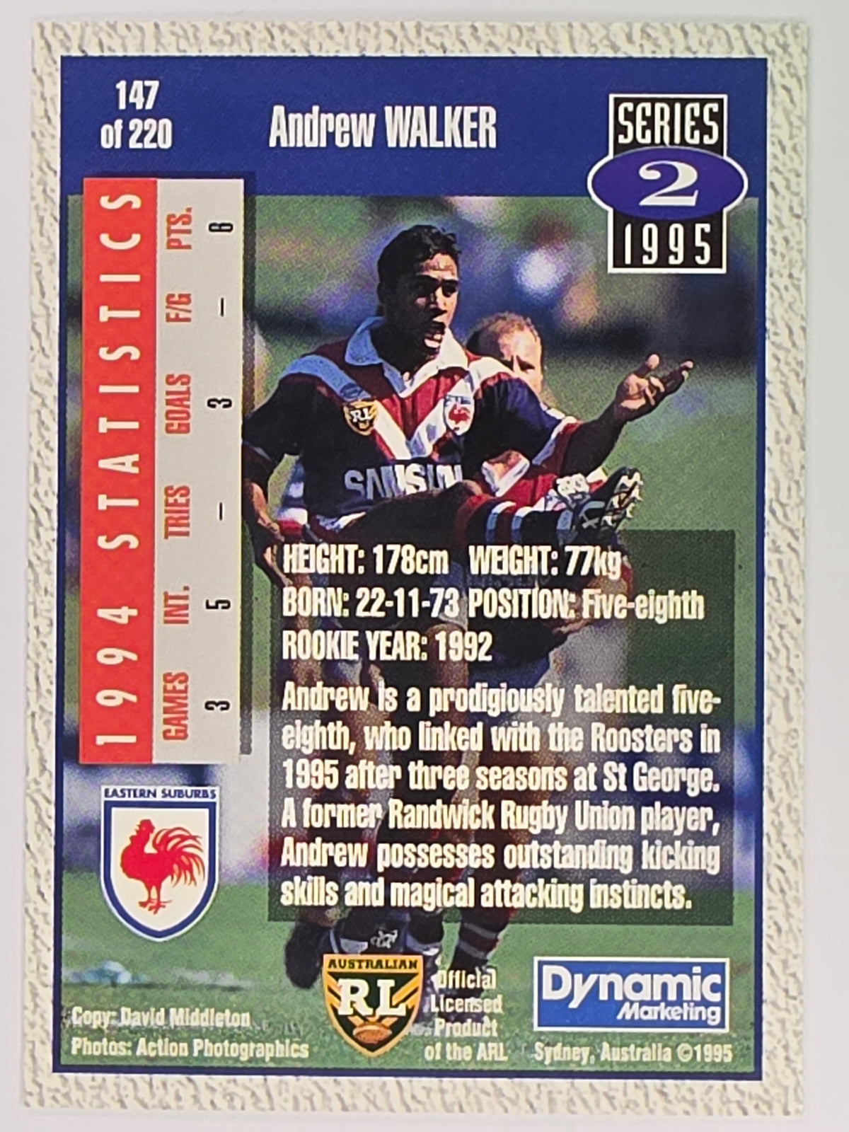 NRL 1995 Dynamic Series 2 | Base Card #147 | Andrew Walker | Sydney City Roosters