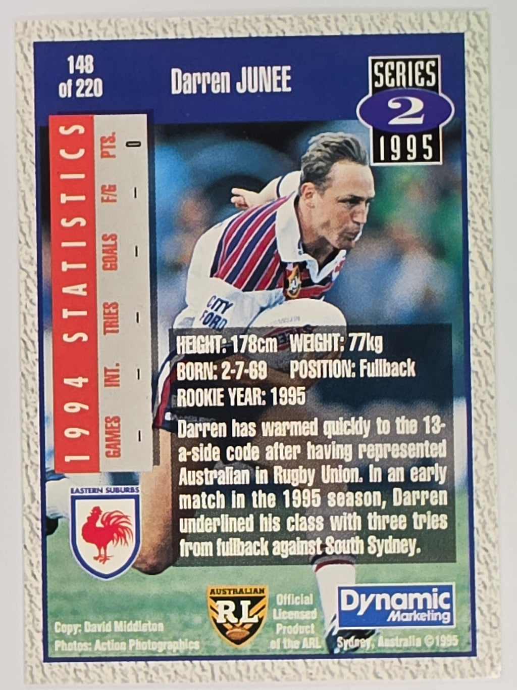 NRL 1995 Dynamic Series 2 | Base Card #148 | Darren Junee | Sydney City Roosters