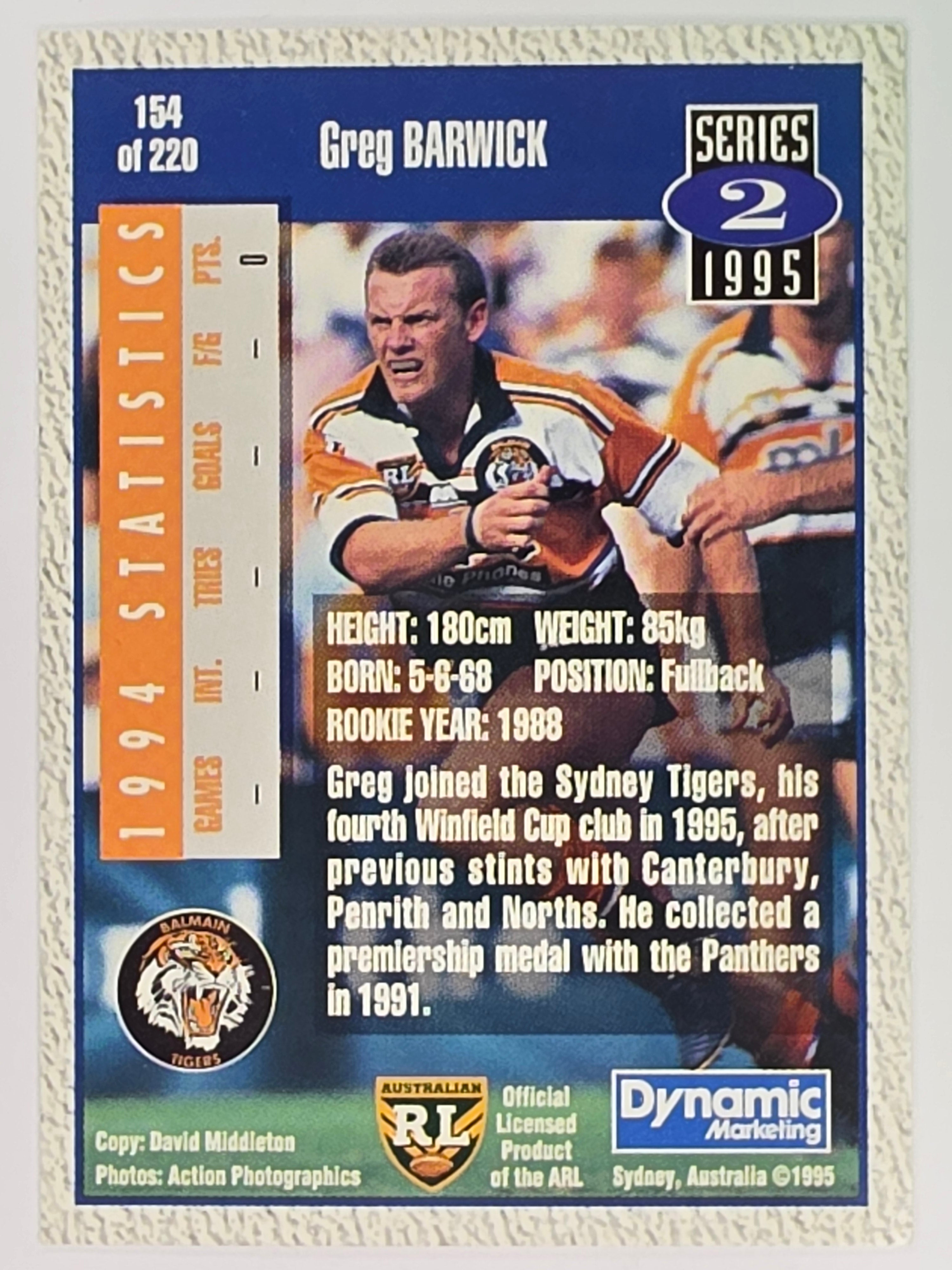 NRL 1995 Dynamic Series 2 | Base Card #154 | Greg Barwick | Balmain Tigers