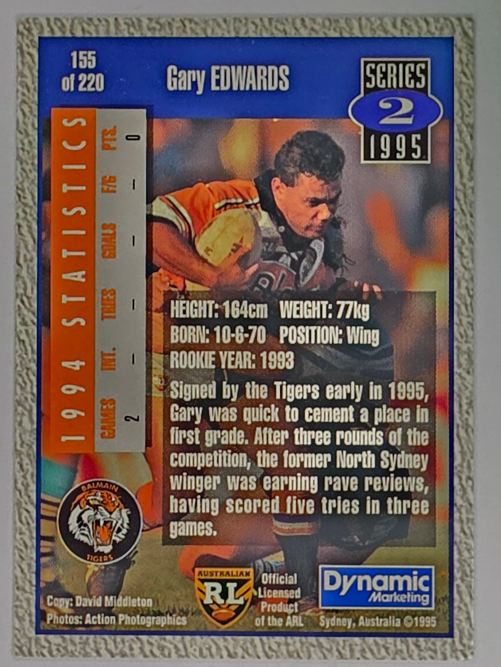 NRL 1995 Dynamic Series 2 | Base Card #155 | Gary Edwards | Balmain Tigers