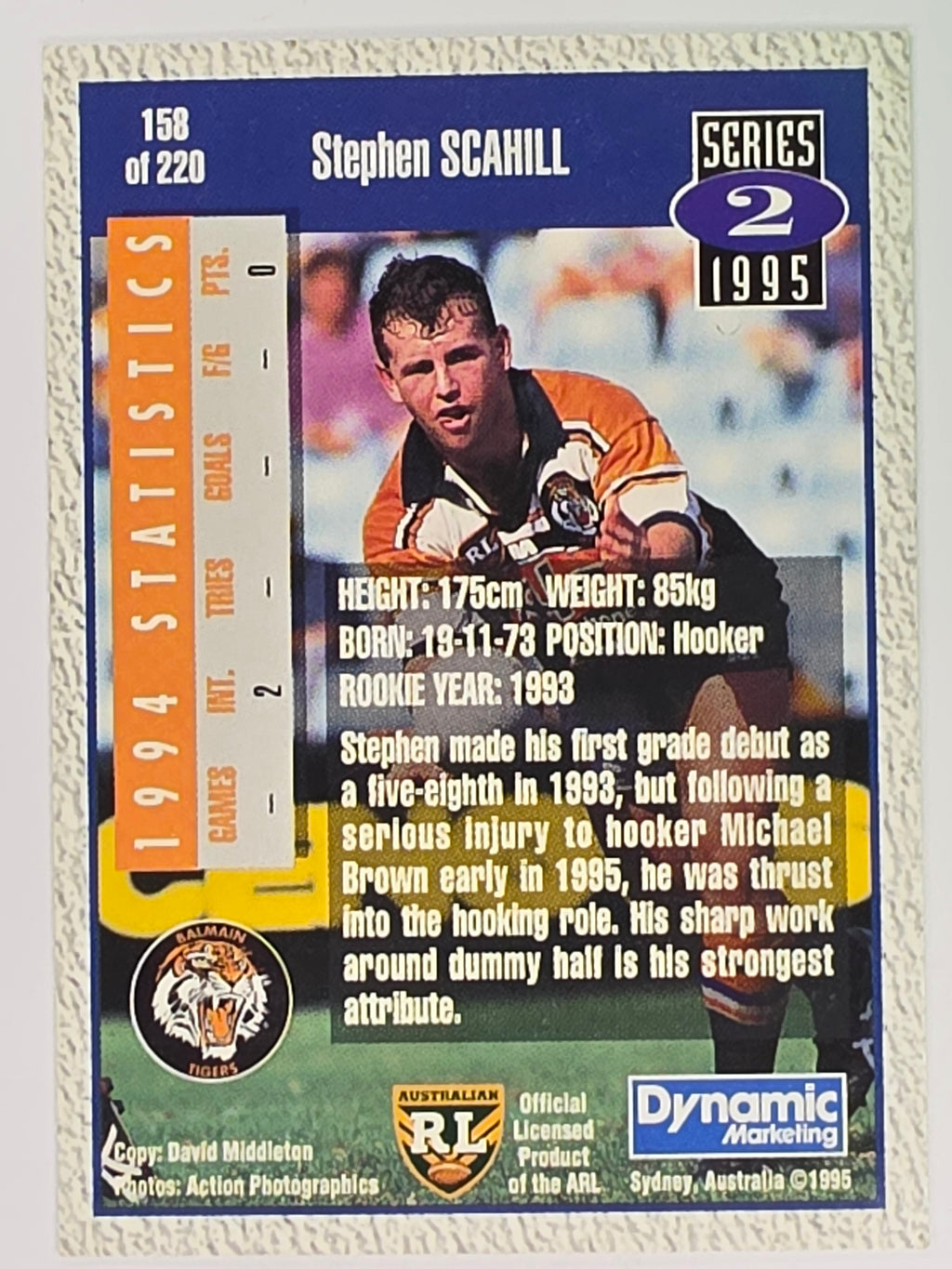 NRL 1995 Dynamic Series 2 | Base Card #158 | Stephen Scahill | Balmain Tigers