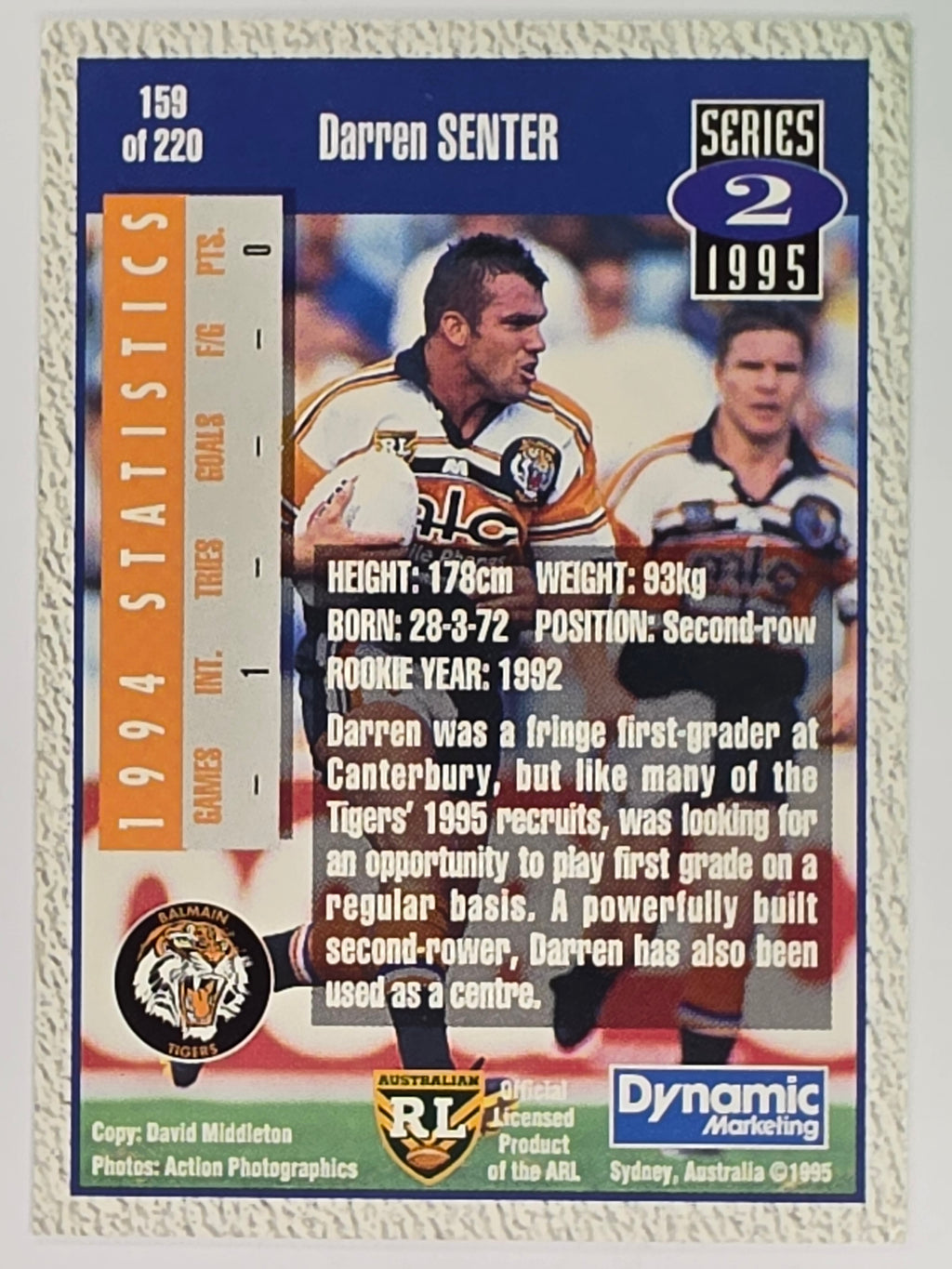 NRL 1995 Dynamic Series 2 | Base Card #159 | Darren Senter | Balmain Tigers