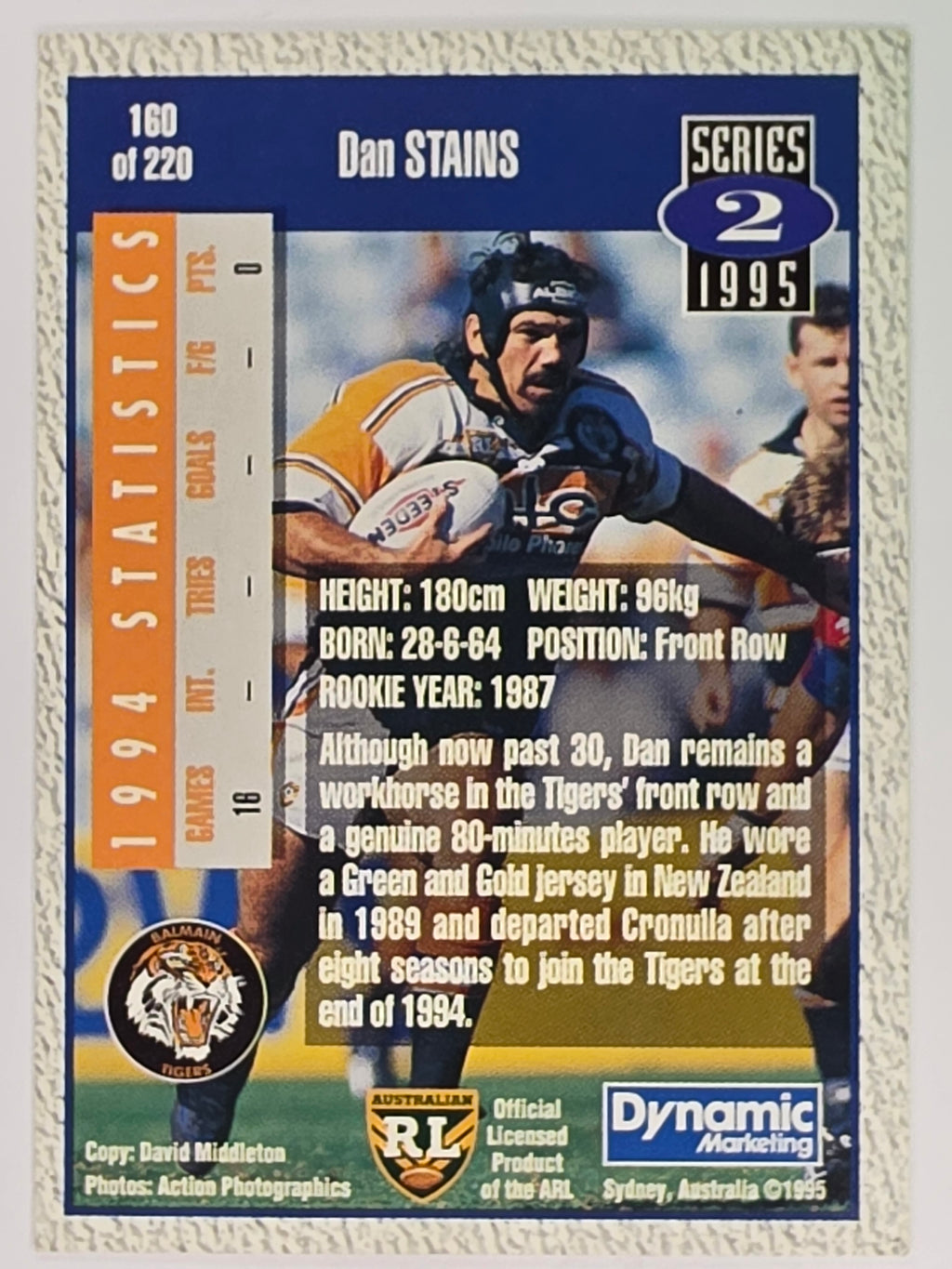 NRL 1995 Dynamic Series 2 | Base Card #160 | Dan Stains | Balmain Tigers