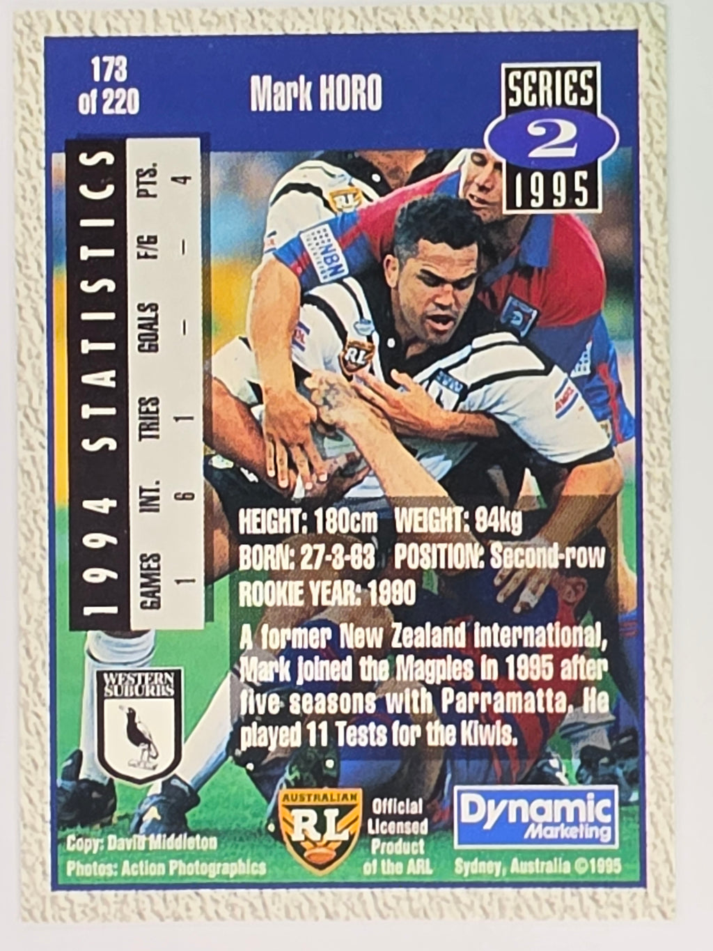 NRL 1995 Dynamic Series 2 | Base Card #173 | Mark Horo | Western Suburbs Magpies