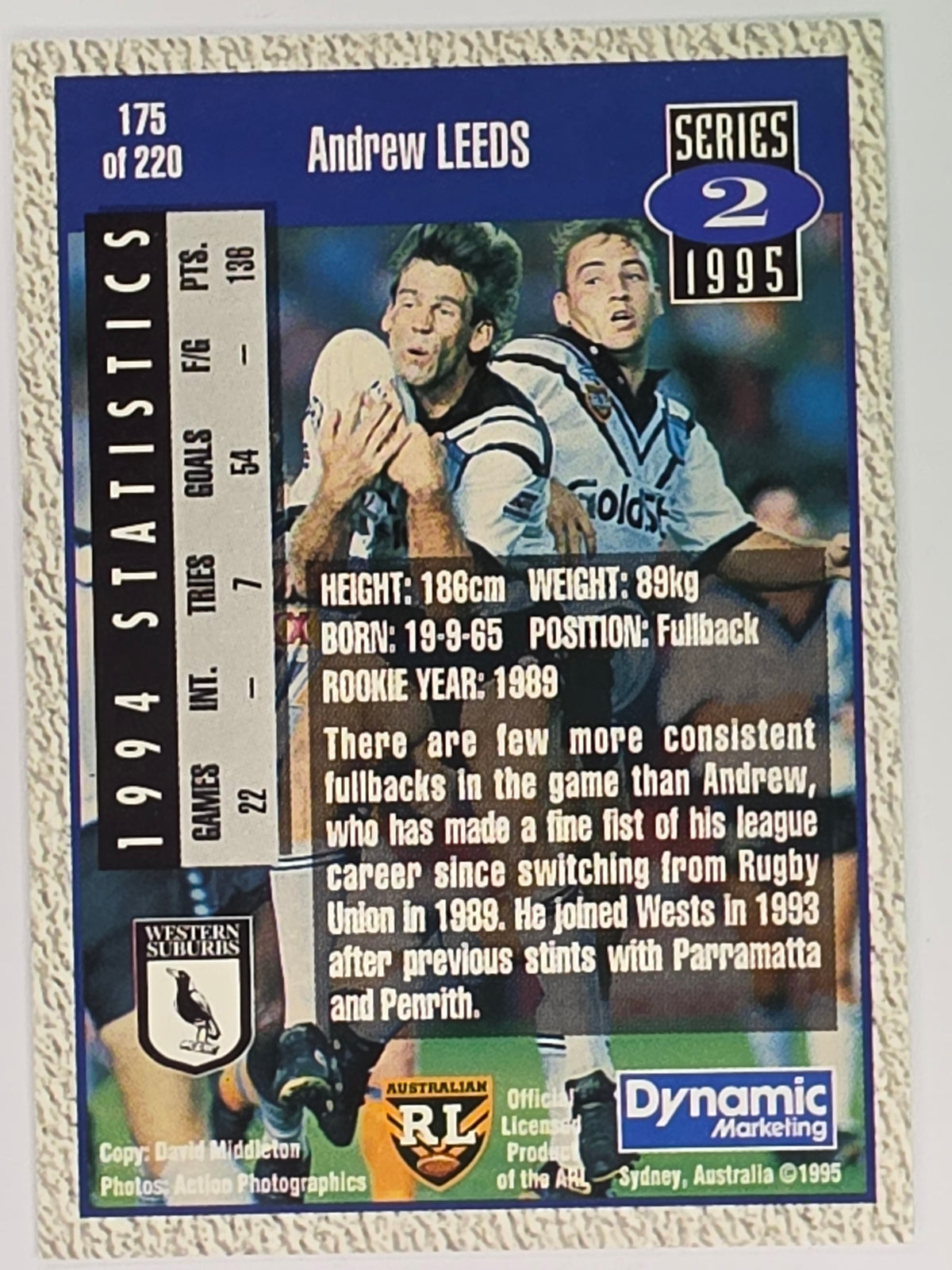 NRL 1995 Dynamic Series 2 | Base Card #175 | Andrew Leeds | Western Suburbs Magpies