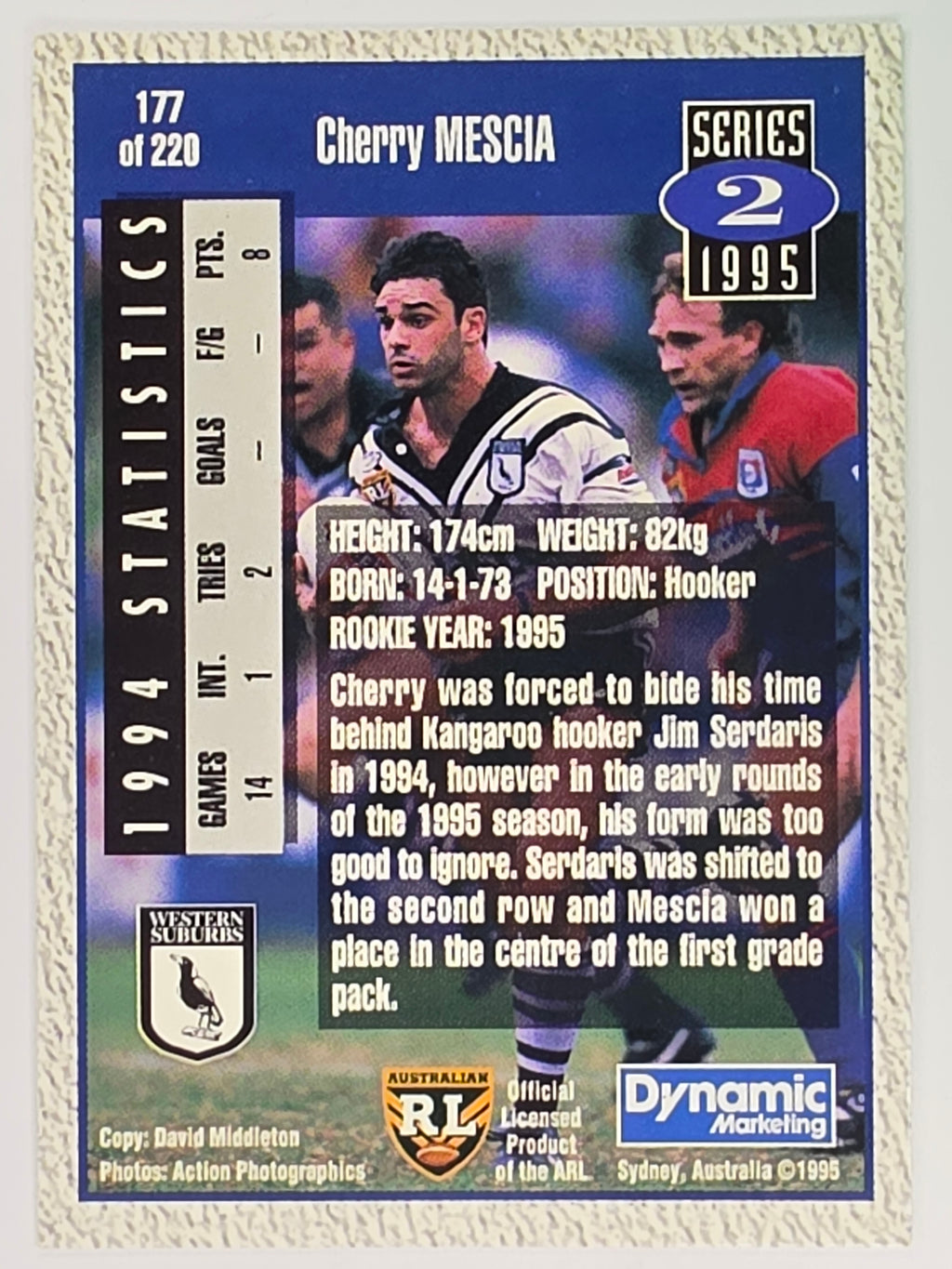 NRL 1995 Dynamic Series 2 | Base Card #177 | Cherry Mescia | Western Suburbs Magpies
