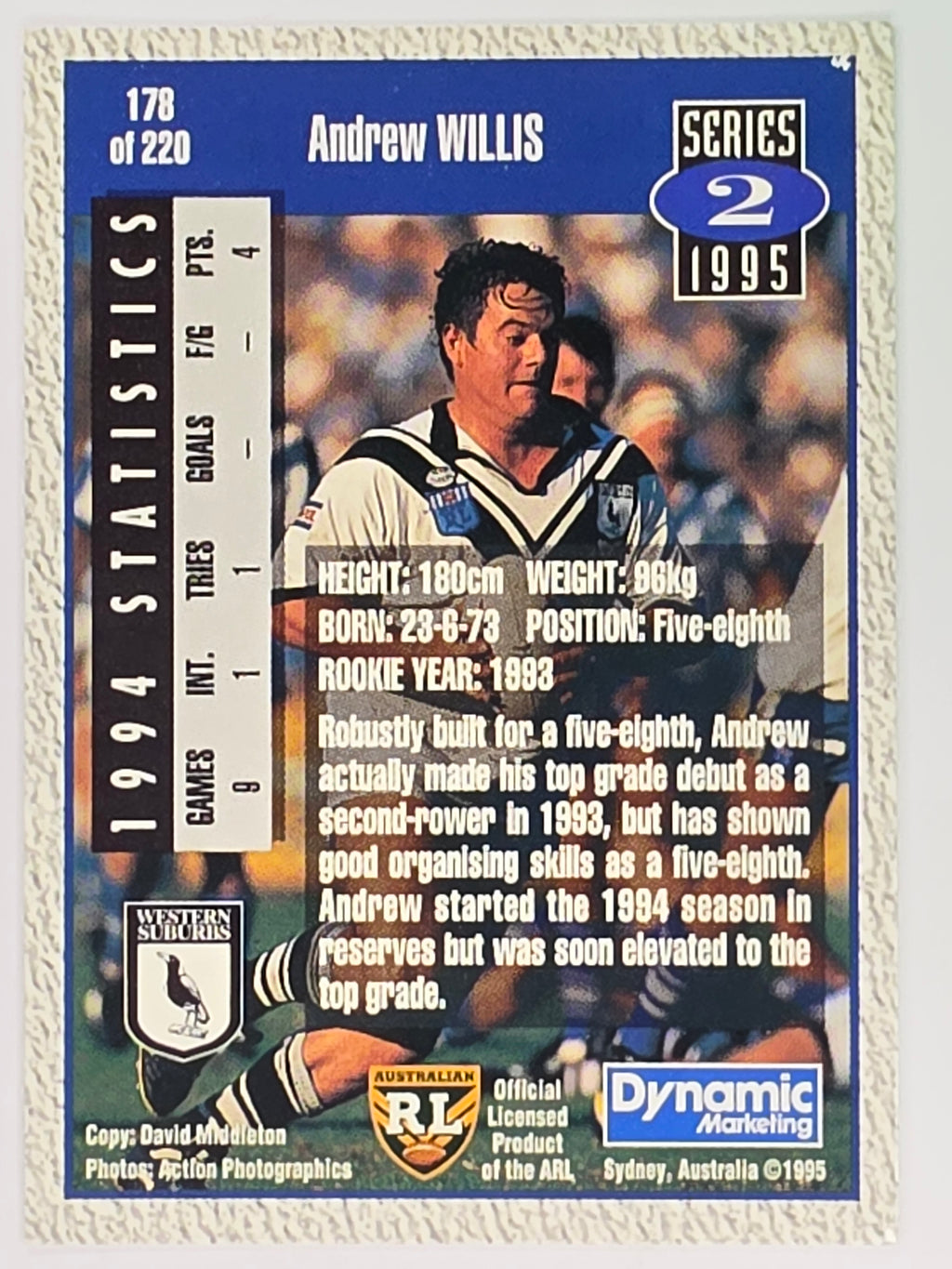 NRL 1995 Dynamic Series 2 | Base Card #178 | Andrew Willis | Western Suburbs Magpies