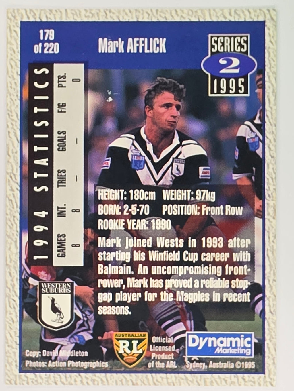 NRL 1995 Dynamic Series 2 | Base Card #179 | Mark Afflick | Western Suburbs Magpies