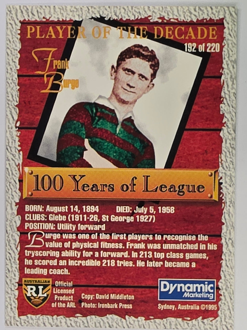 NRL 1995 Dynamic Series 2 | Base Card #192 | Frank Burge