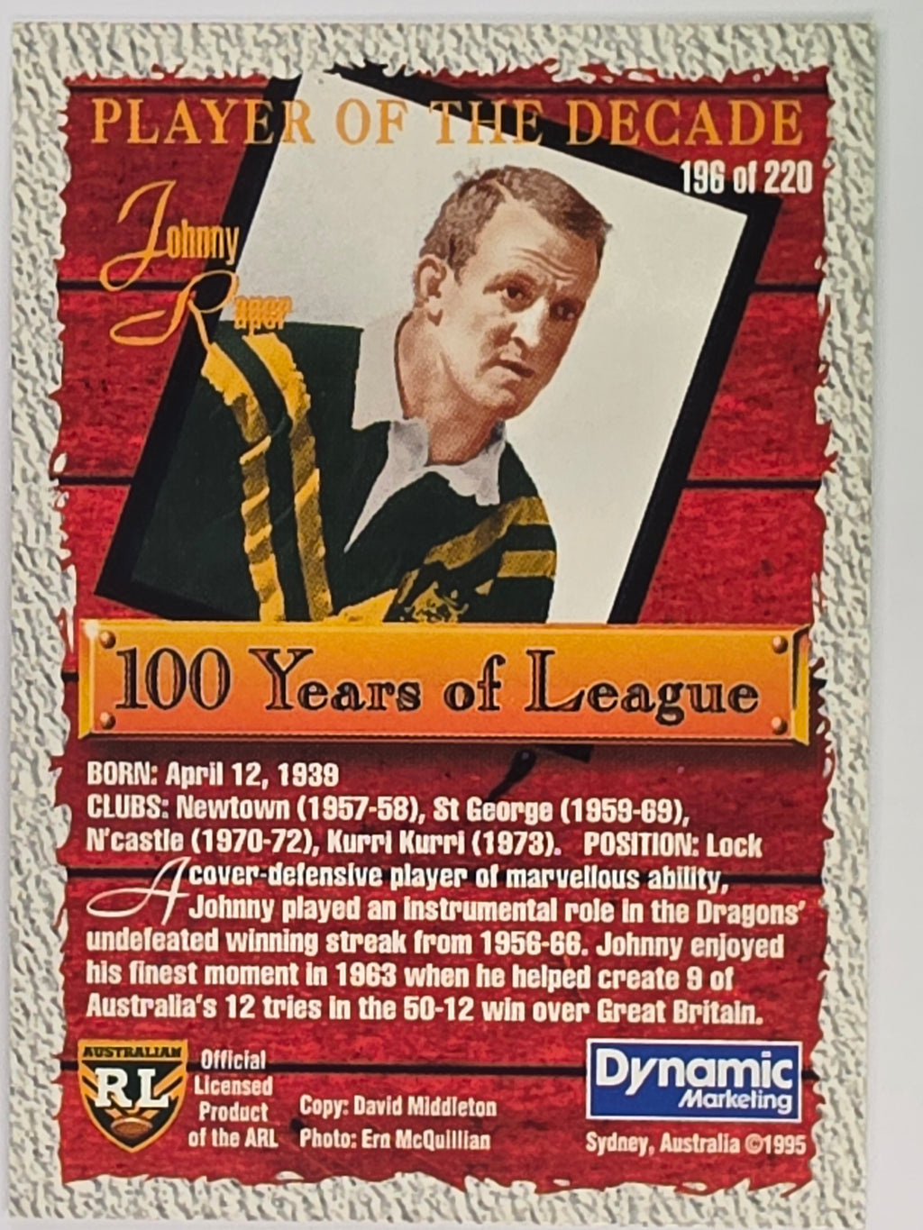 NRL 1995 Dynamic Series 2 | Base Card #196 | Johnny Raper | St George Dragons