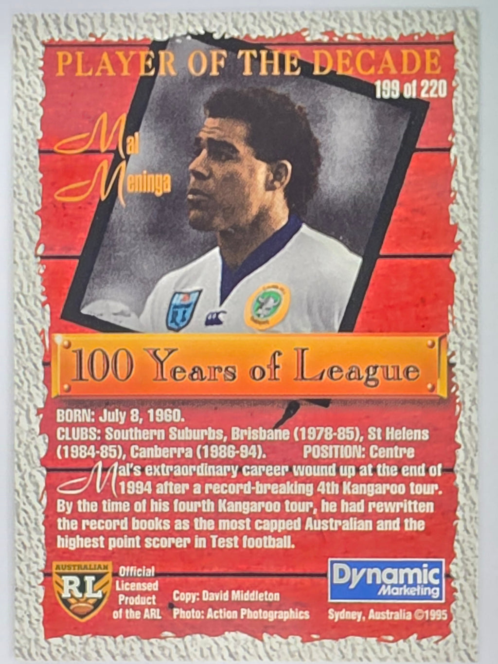 NRL 1995 Dynamic Series 2 | Base Card #199 | Mal Meninga | Canberra Raiders