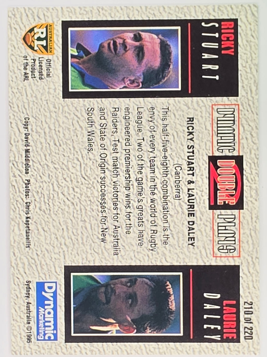 NRL 1995 Dynamic Series 2 | Base Card #210 | Laurie Daley / Ricky Stuart | Canberra Raiders