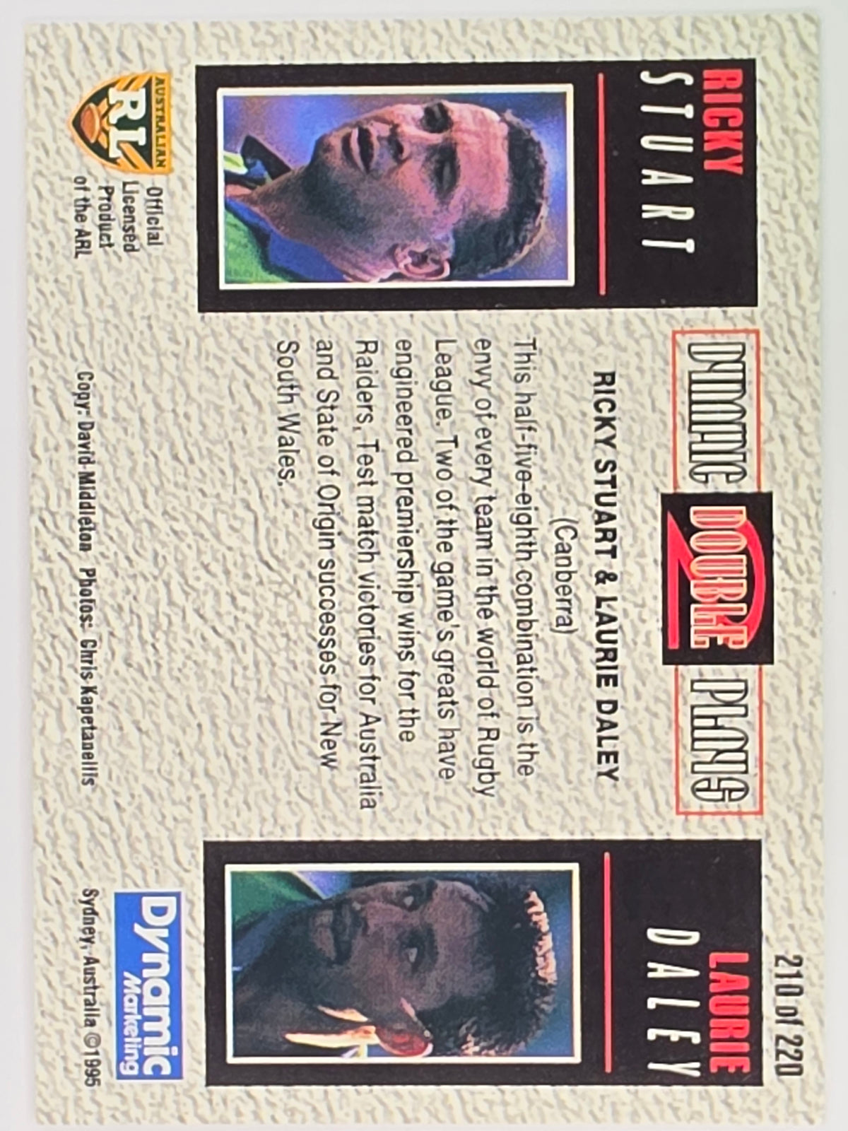 NRL 1995 Dynamic Series 2 | Base Card #210 | Laurie Daley / Ricky Stuart | Canberra Raiders