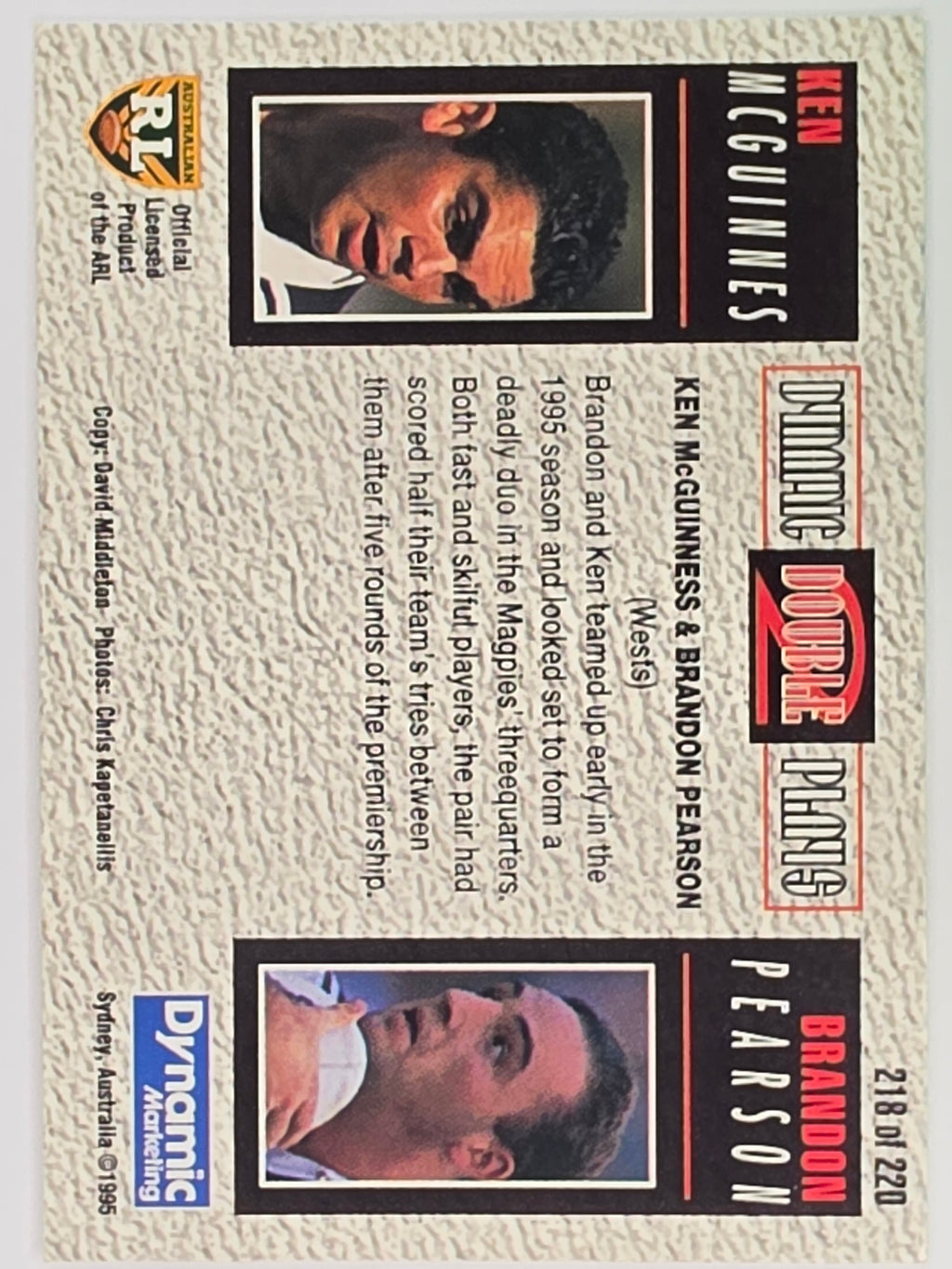NRL 1995 Dynamic Series 2 | Base Card #218 | Ken McGuinness / Brandon Pearson | Western Suburbs Magpies