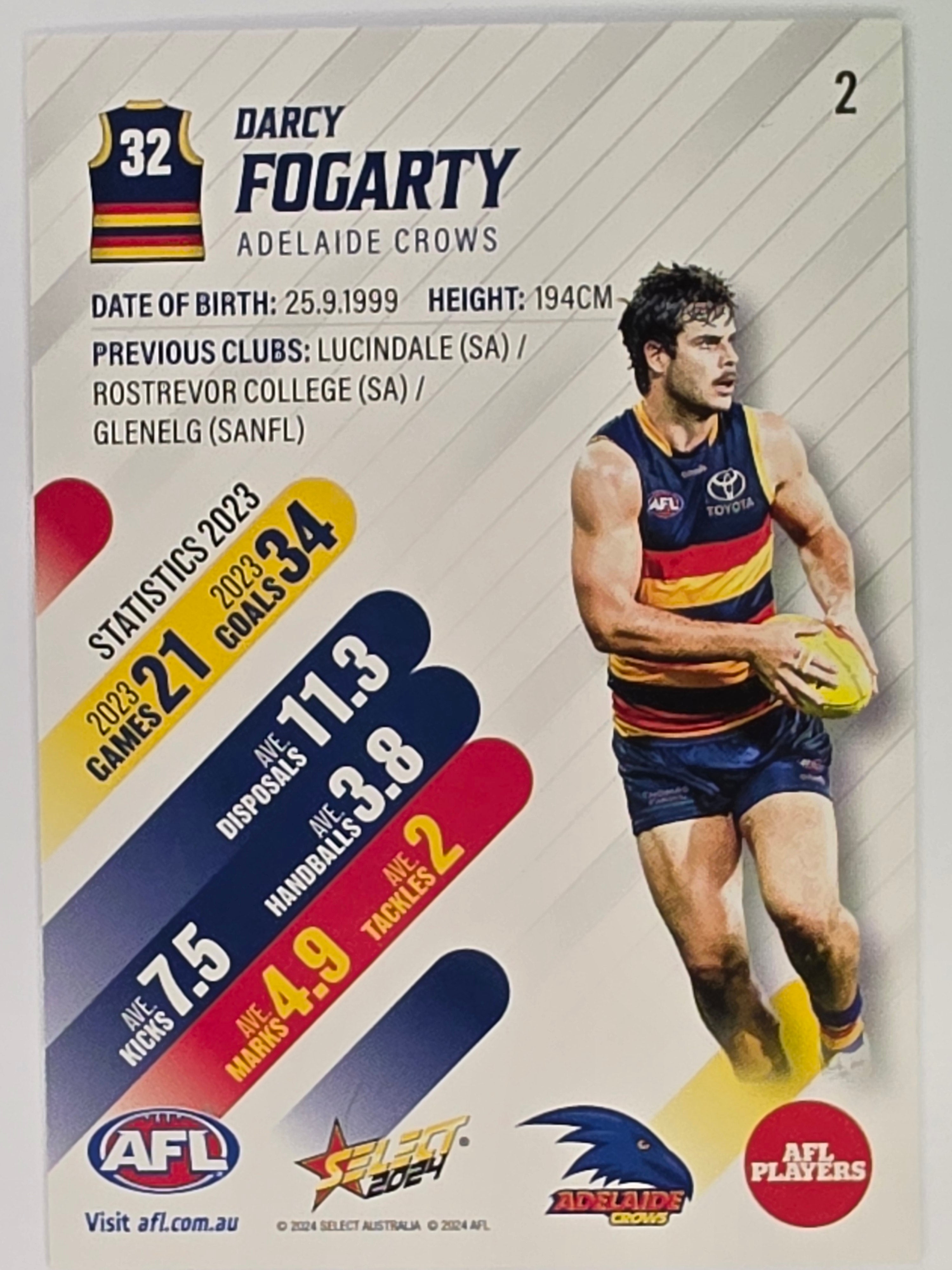 AFL 2024 Footy Stars | Base Card #2 | D. FOGARTY | Adelaide Crows