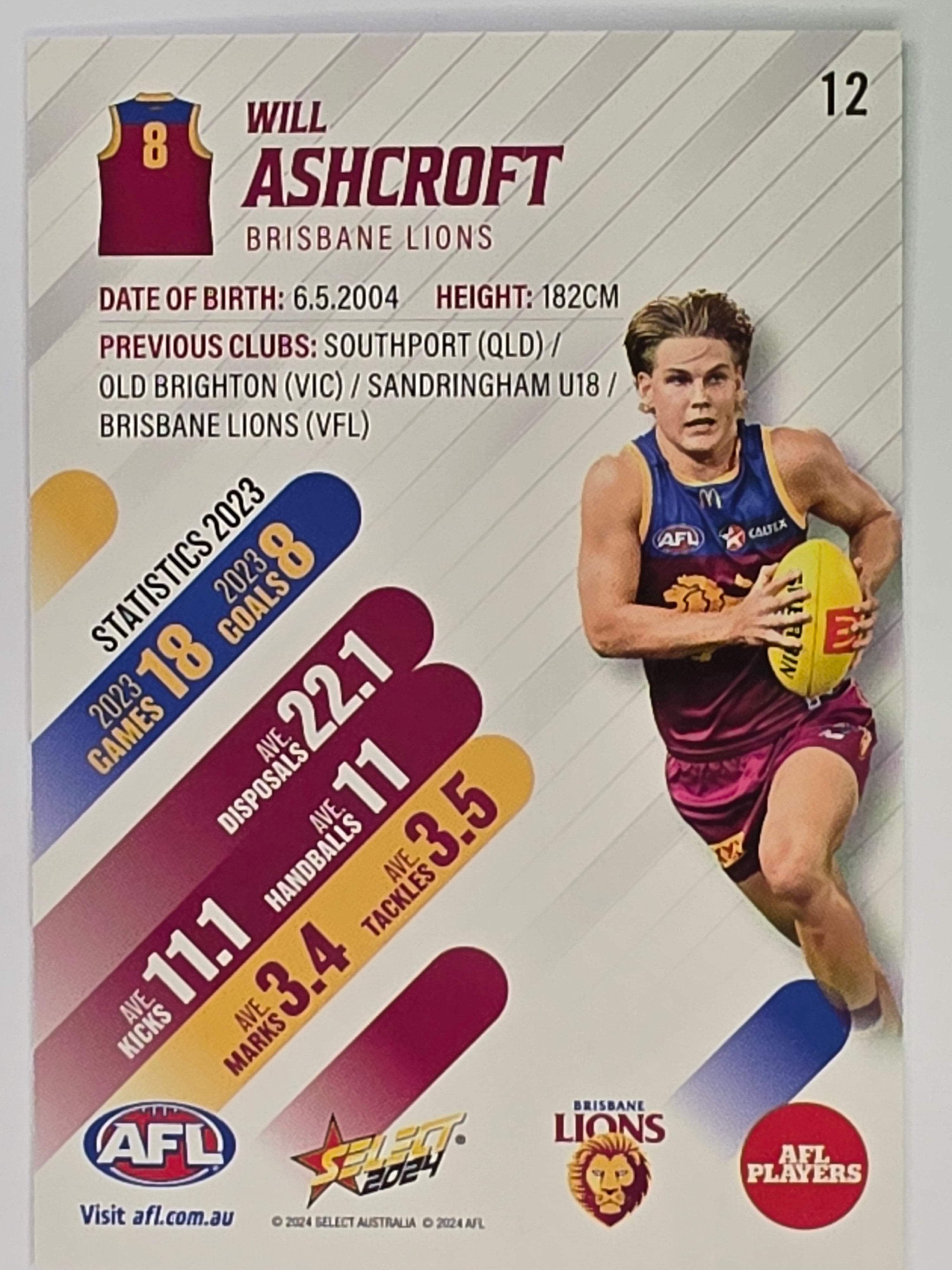 AFL 2024 Footy Stars | Base Card #12 | W. ASHCROFT | Brisbane Lions