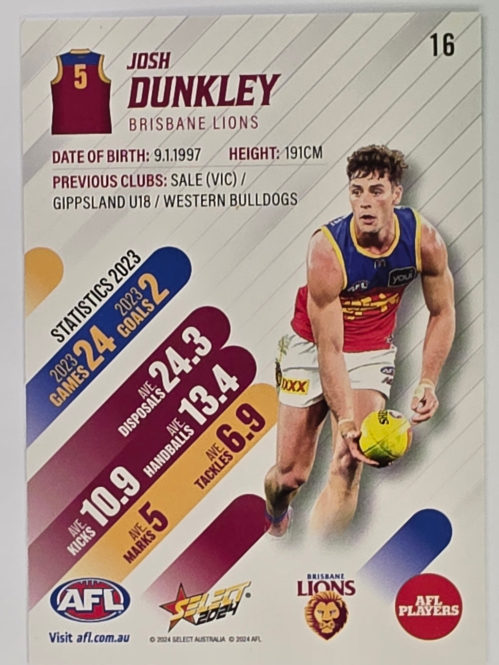 AFL 2024 Footy Stars | Base Card #16 | J. DUNKLEY | Brisbane Lions