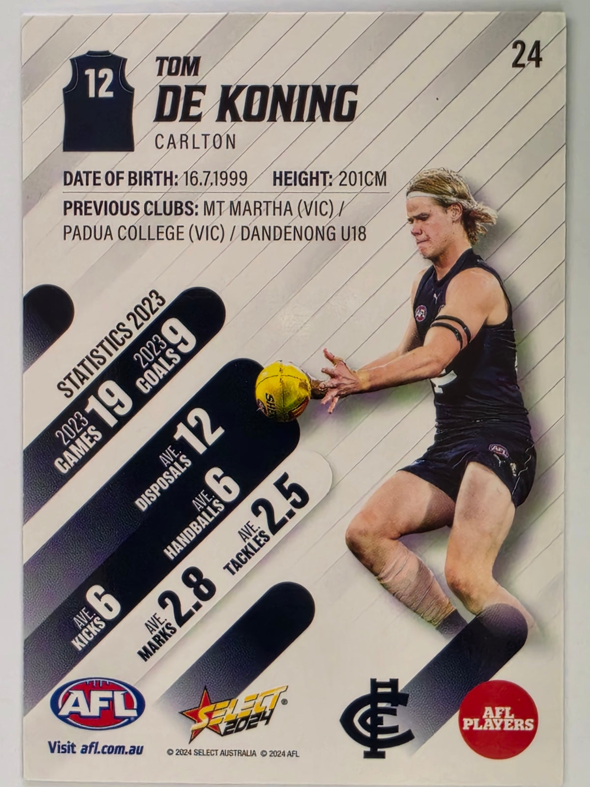 AFL 2024 Footy Stars | Base Card #24 | T. DE KONING | Carlton