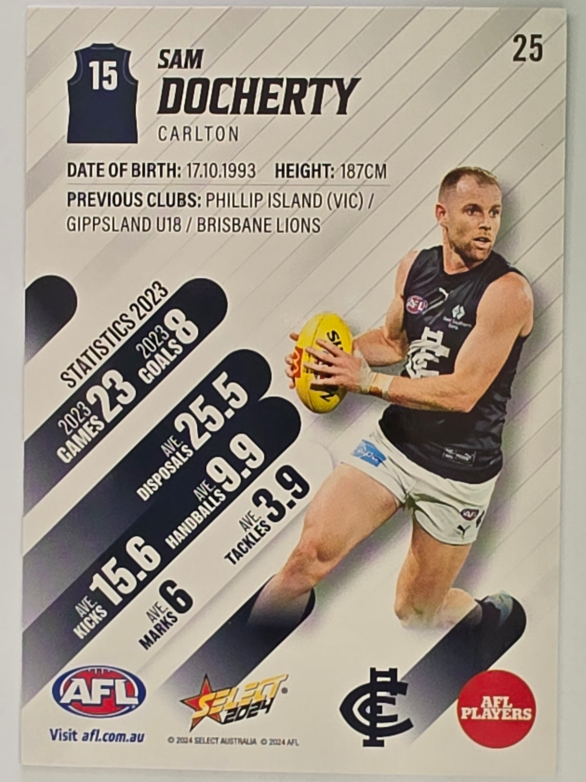AFL 2024 Footy Stars | Base Card #25 | S. DOCHERTY | Carlton