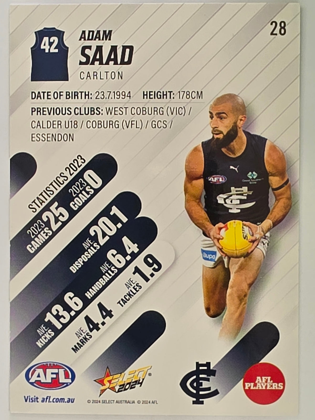 AFL 2024 Footy Stars | Base Card #28 | A. SAAD | Carlton