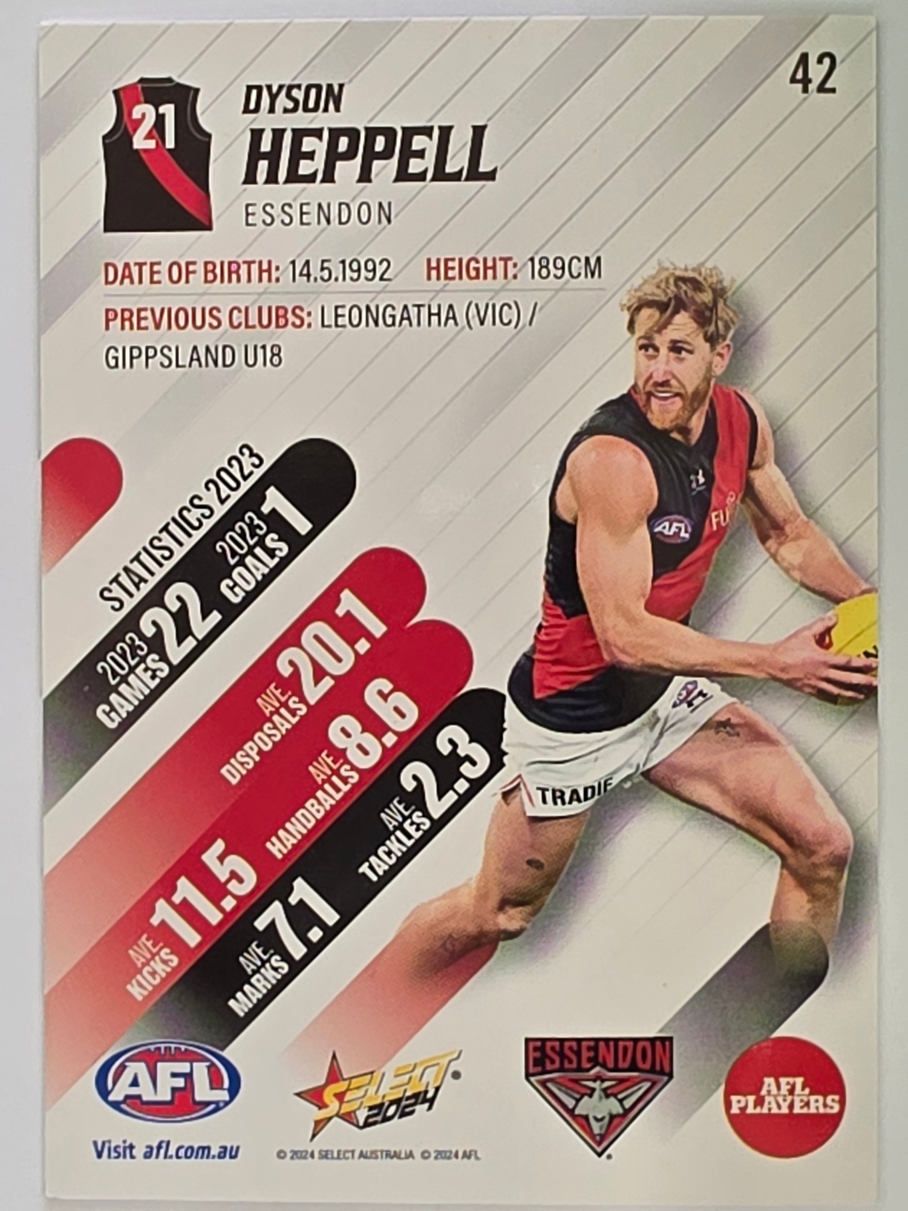 AFL 2024 Footy Stars | Base Card #42 | D. HEPPELL | Essendon