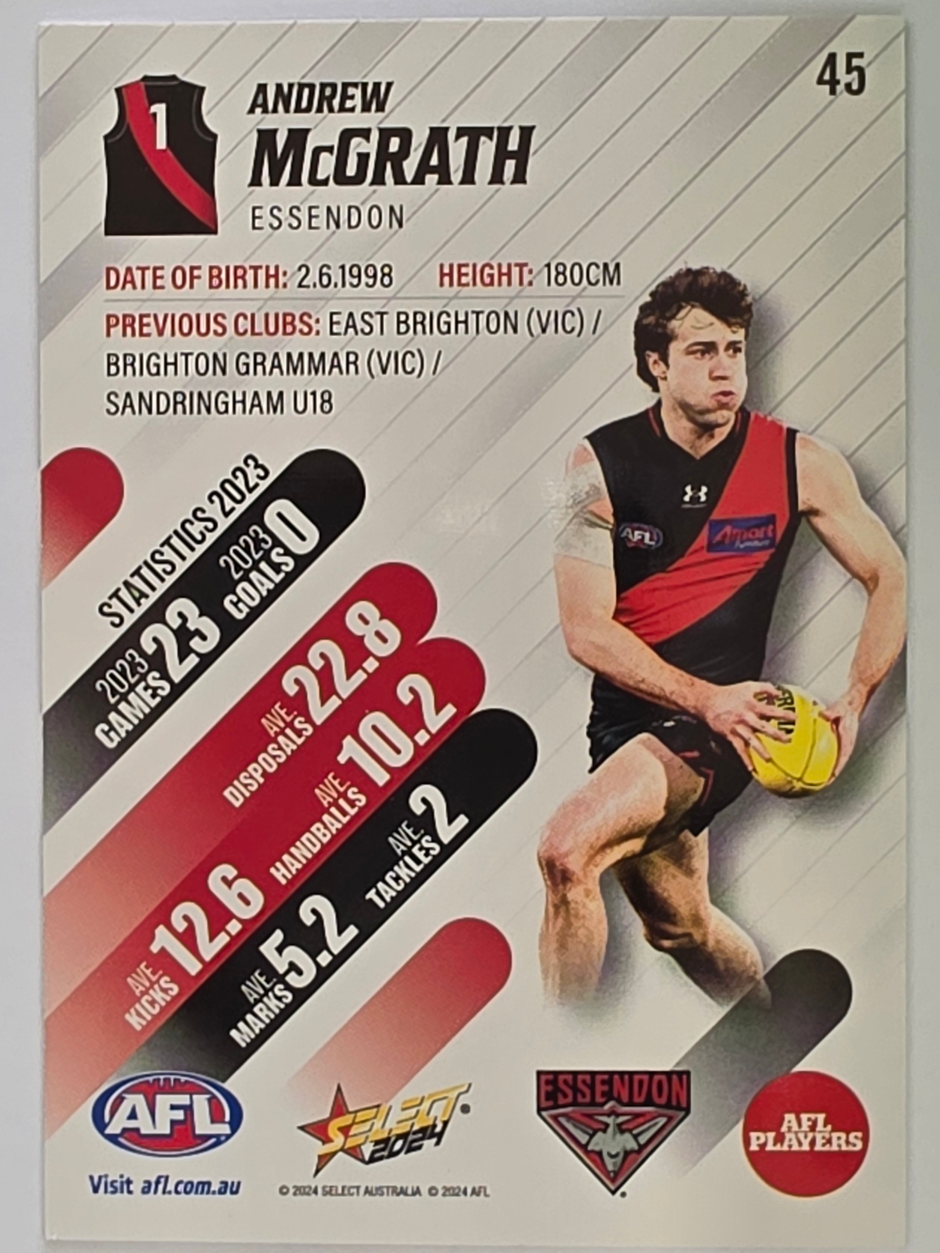 AFL 2024 Footy Stars | Base Card #45 | A. McGRATH | Essendon