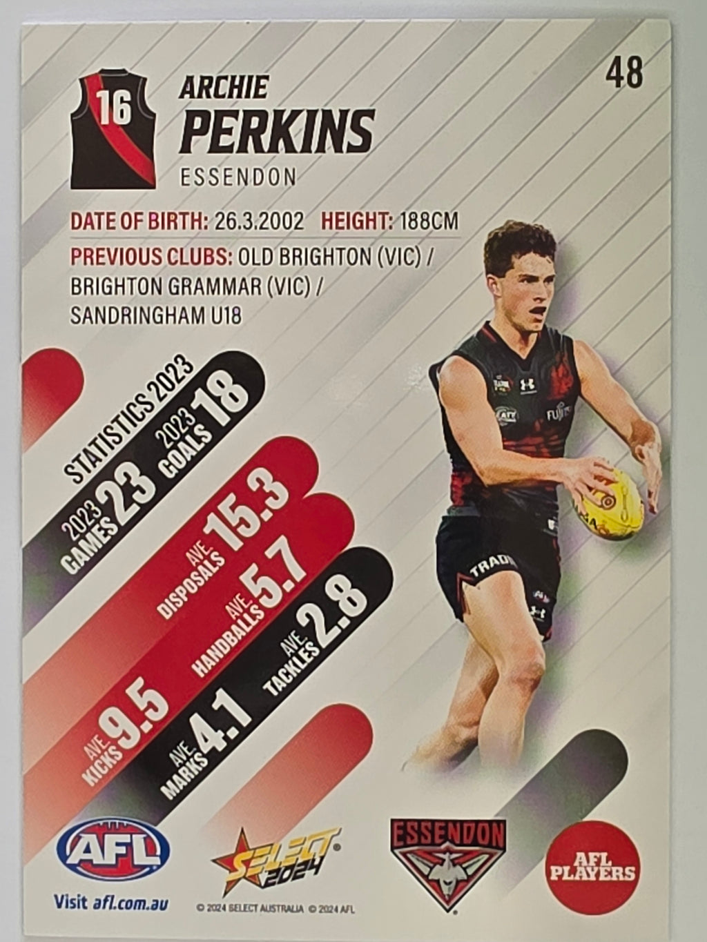 AFL 2024 Footy Stars | Base Card #48 | A. PERKINS | Essendon
