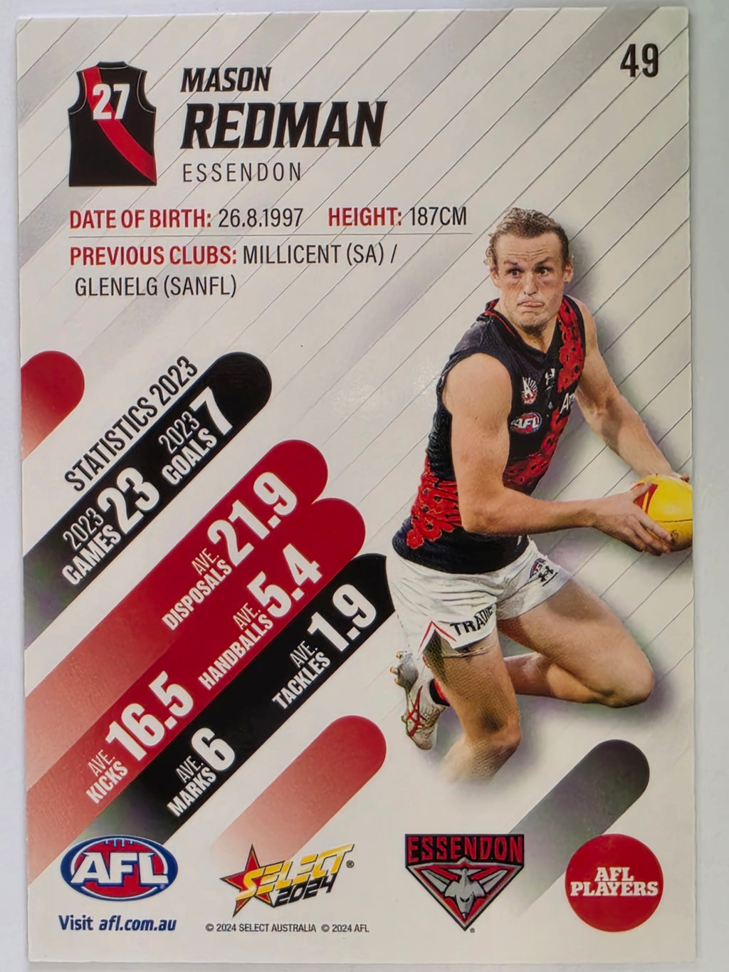 AFL 2024 Footy Stars | Base Card #49 | M. REDMAN | Essendon