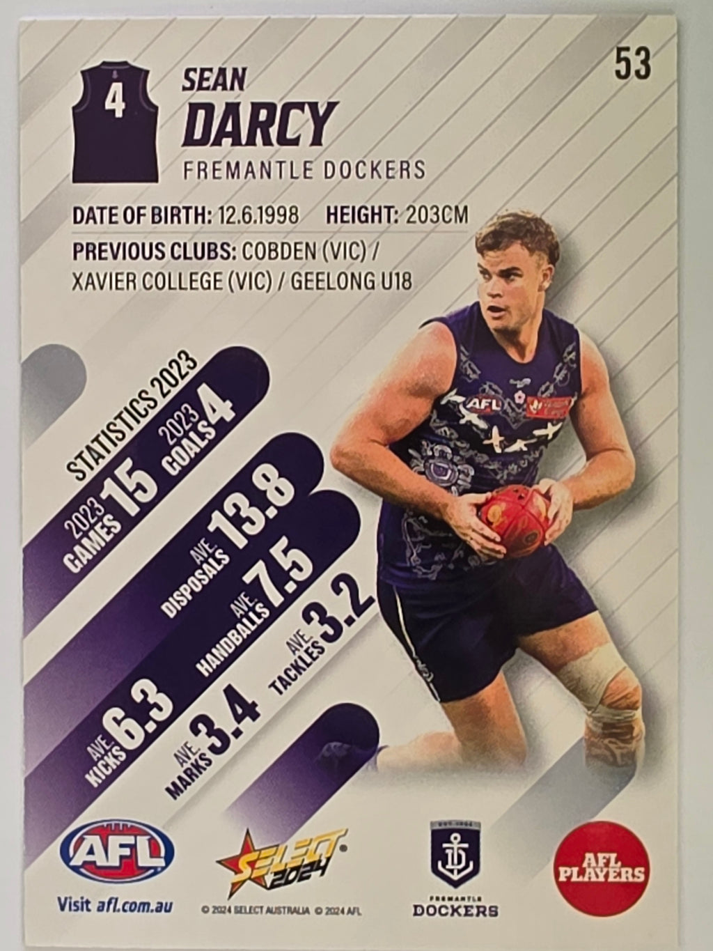 AFL 2024 Footy Stars | Base Card #53 | S. DARCY | Fremantle Dockers