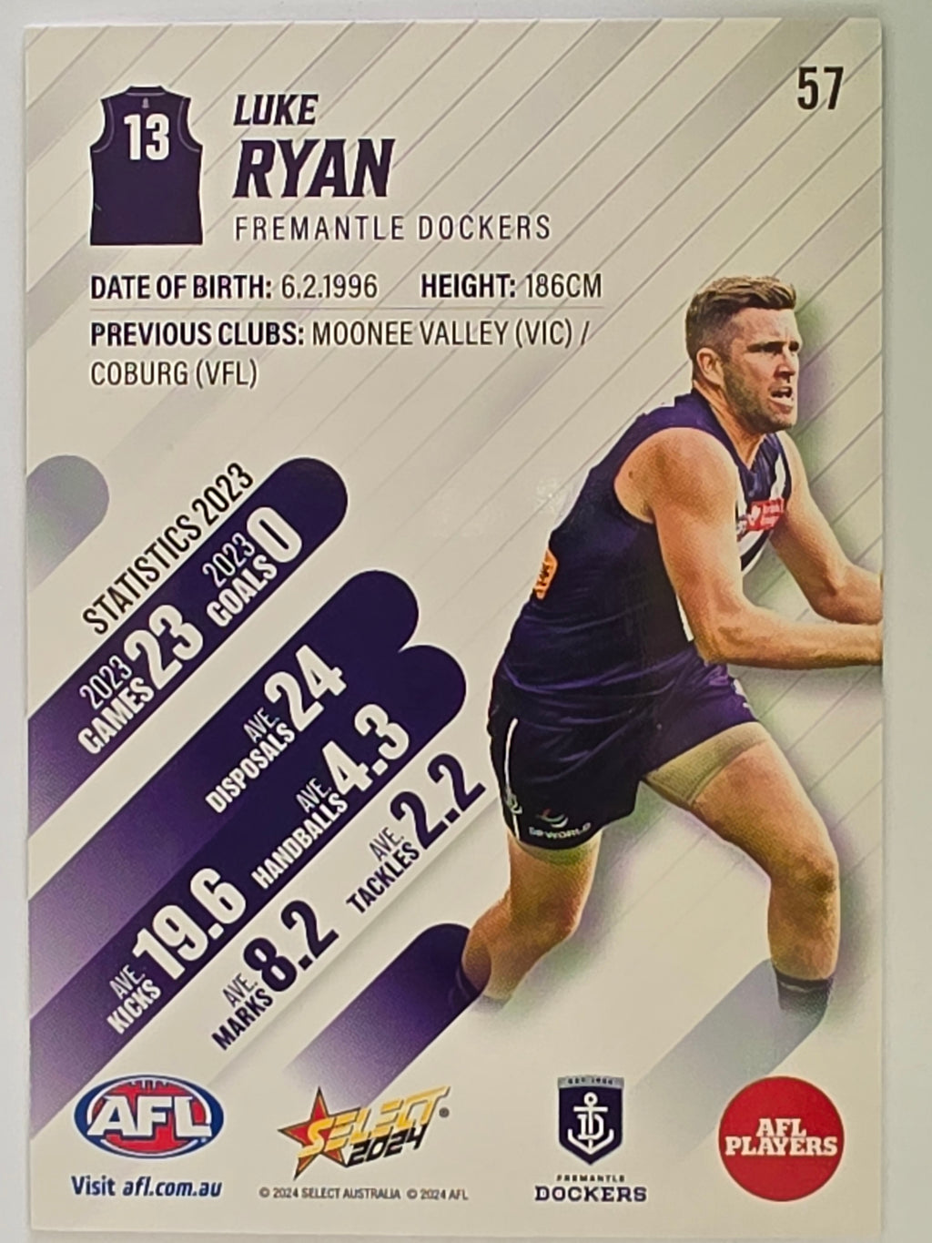 AFL 2024 Footy Stars | Base Card #57 | L. RYAN | Fremantle Dockers
