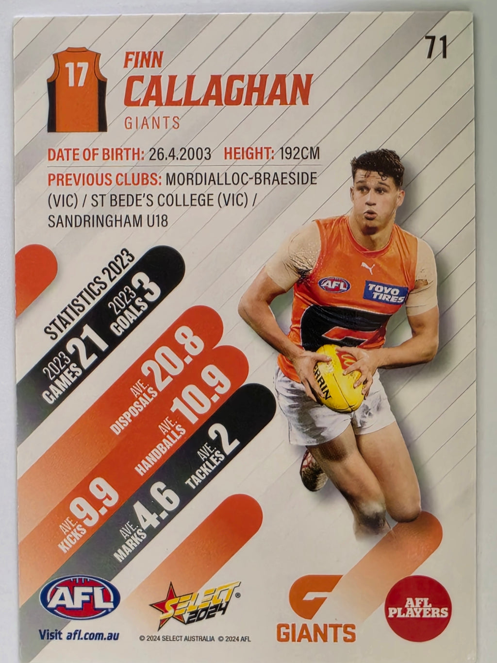 AFL 2024 Footy Stars | Base Card #71 | F. CALLAGHAN | Giants