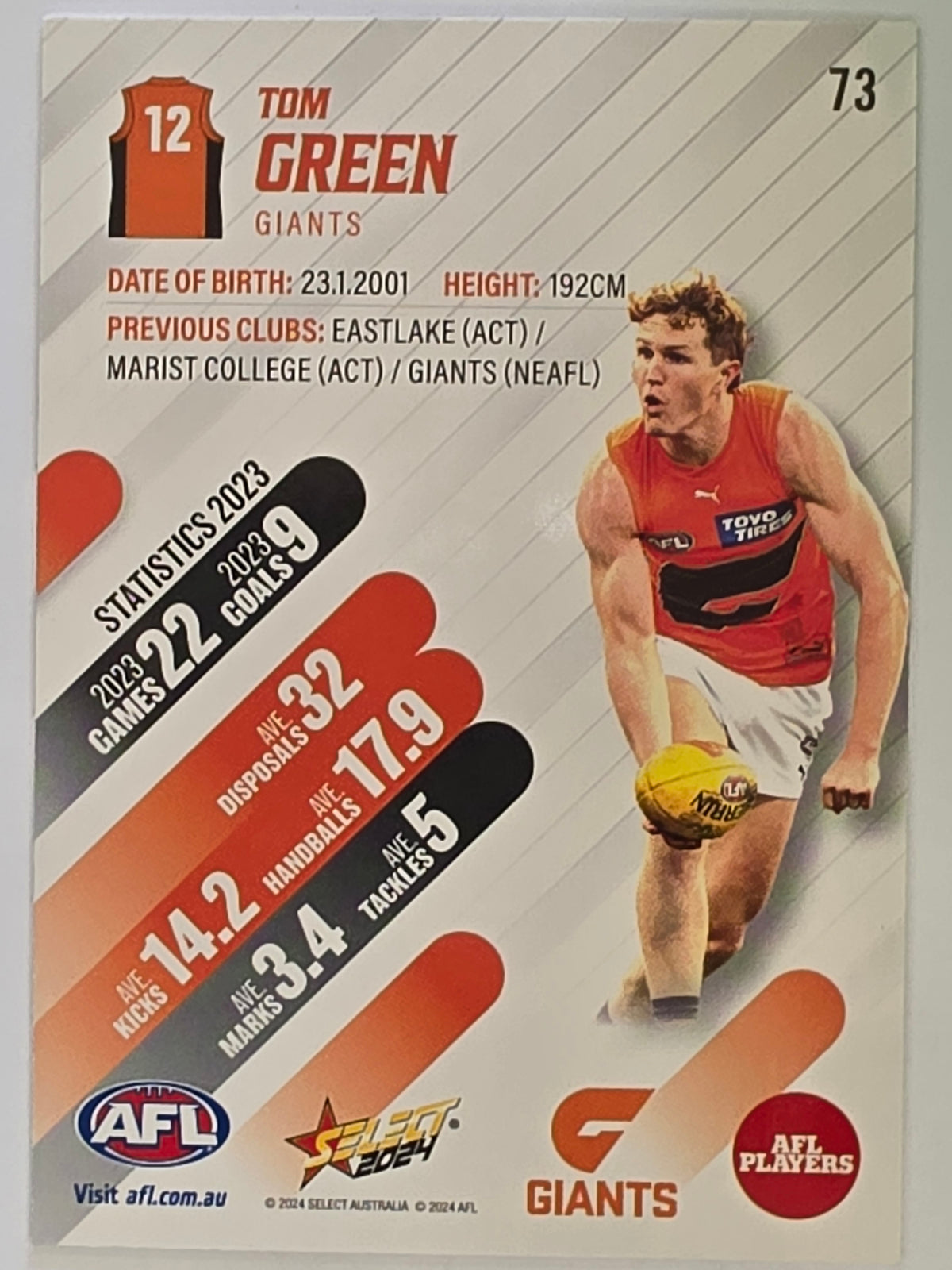 AFL 2024 Footy Stars | Base Card #73 | T. GREEN | Giants
