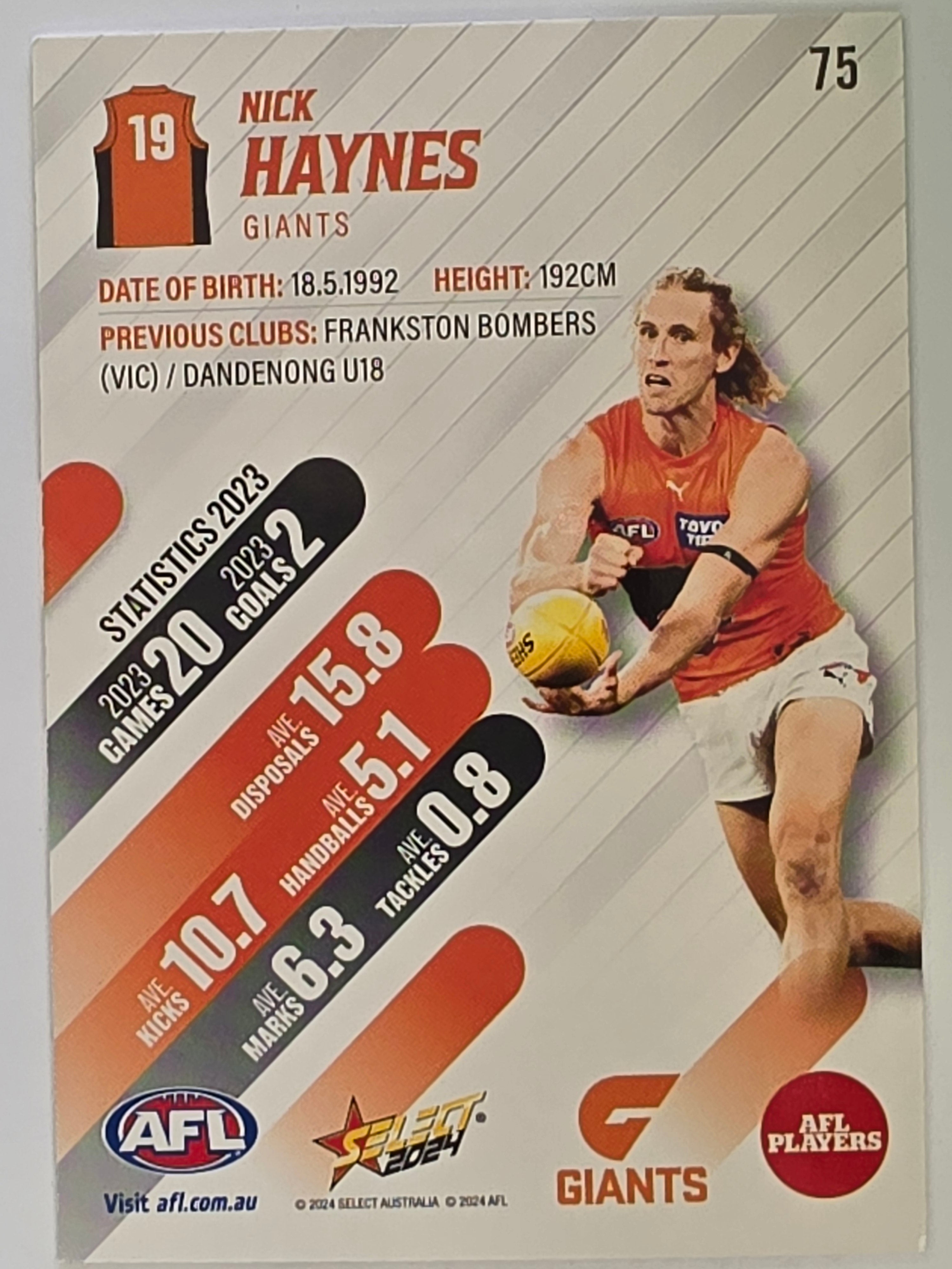 AFL 2024 Footy Stars | Base Card #75 | N. HAYNES | Giants