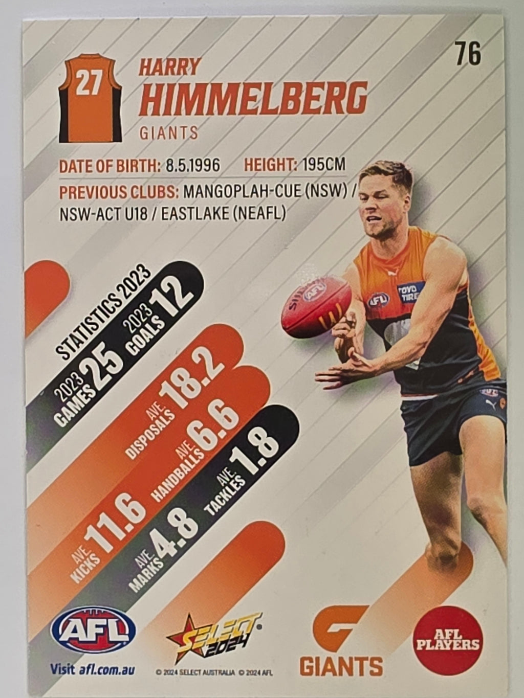 AFL 2024 Footy Stars | Base Card #76 | H. HIMMELBERG | Giants
