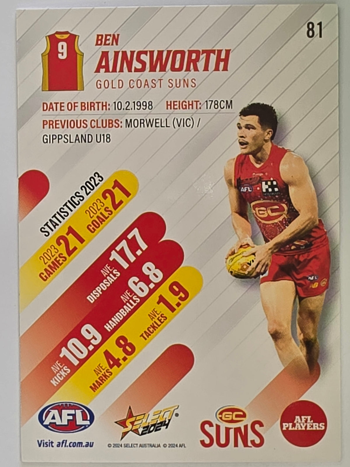 AFL 2024 Footy Stars | Base Card #81 | B. AINSWORTH | Gold Coast Suns