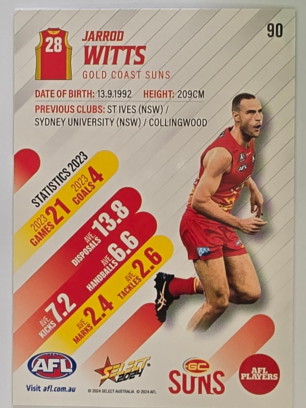 AFL 2024 Footy Stars | Base Card #90 | J. WITTS | Gold Coast Suns