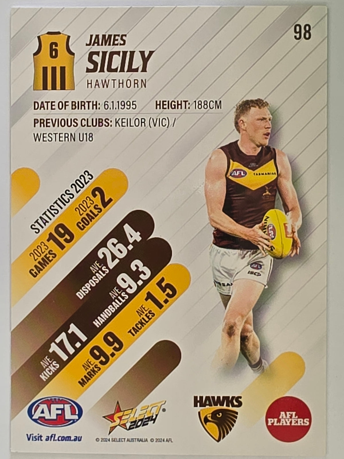 AFL 2024 Footy Stars | Base Card #98 | J. SICILY | Hawthorn