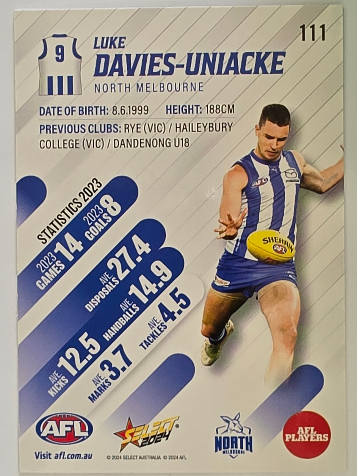 AFL 2024 Footy Stars | Base Card #111 | L. DAVIES-UNIACKE | North Melbourne